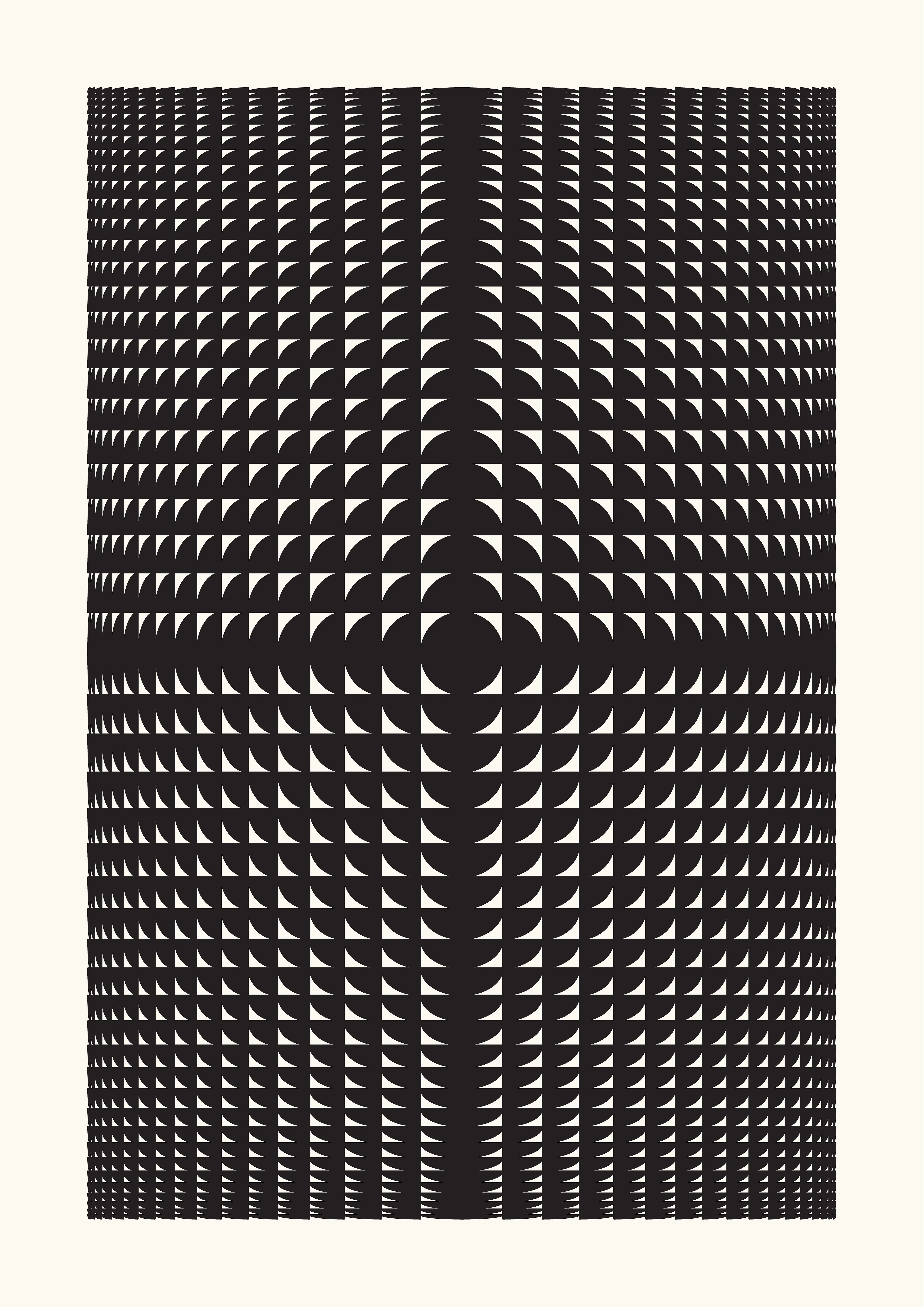 The Generative Design Studies series draws inspiration from the foundations of geometric abstraction and op art, paying homage to renowned artists like Bridget Riley, Victor Vasarely, and Richard Anuszkiewicz.

The aim is to examine how basic, static shapes and different perspectives can create the impression of warped space, captivating the viewer and directing their gaze. This process blurs the distinction between three-dimensional and two-dimensional spaces within the artwork.

Building on this is the introduction of an autonomous generative system, through a self-coded algorithm that can randomly rearrange shapes within a grid, including lines, circles, squares, and triangles, while also varying their points of origin, adding dimensions to the work whilst also creating an infinite number of artworks.

From these outputs, the artist has carefully curated a selection, to then offer a meticulous rendering on paper by using a pen plotter.

Digital: 5658x8000px PNG
Plot: A2