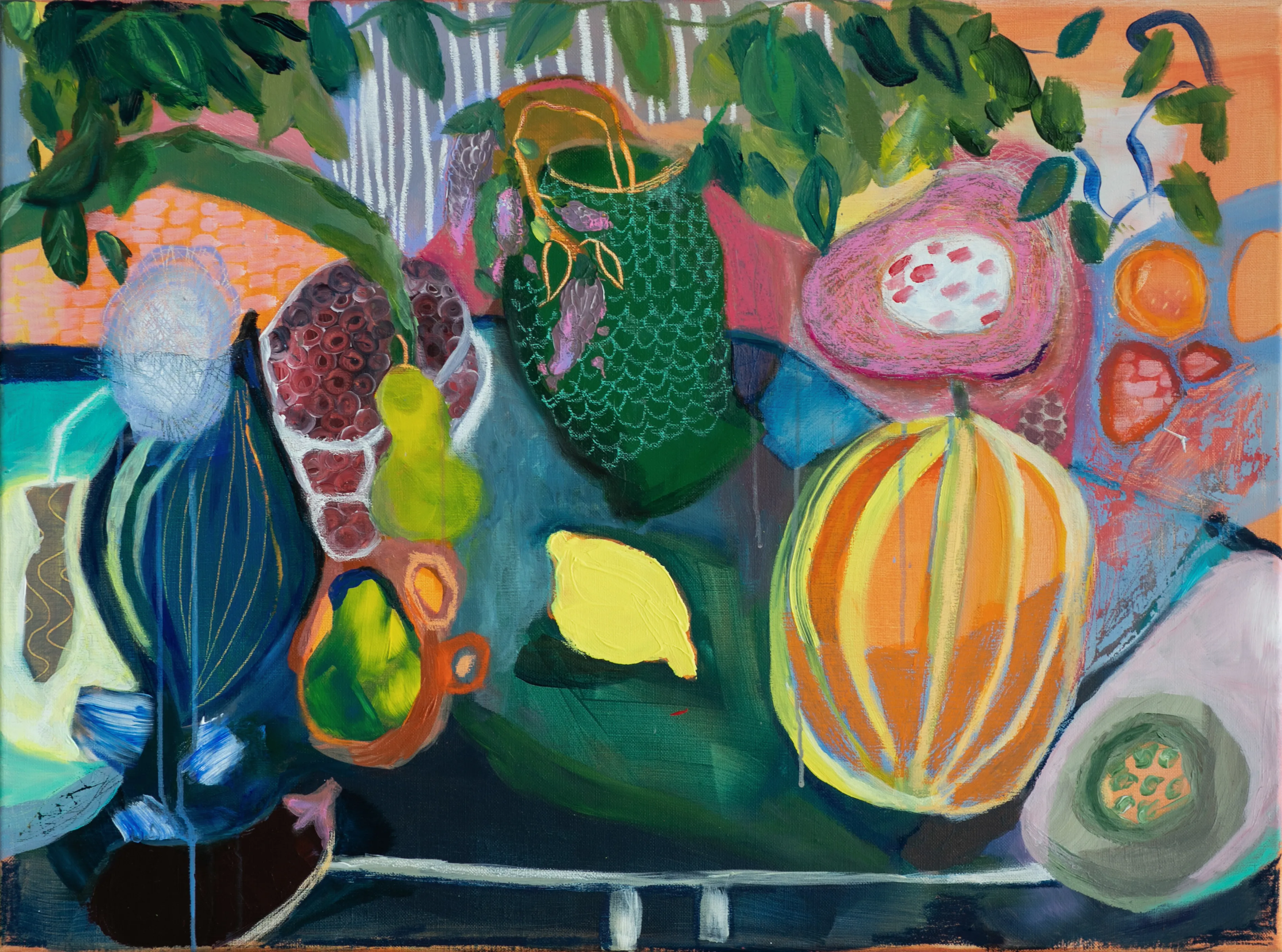 80cm x 60cm, acrylic + oil pastels on canvas.