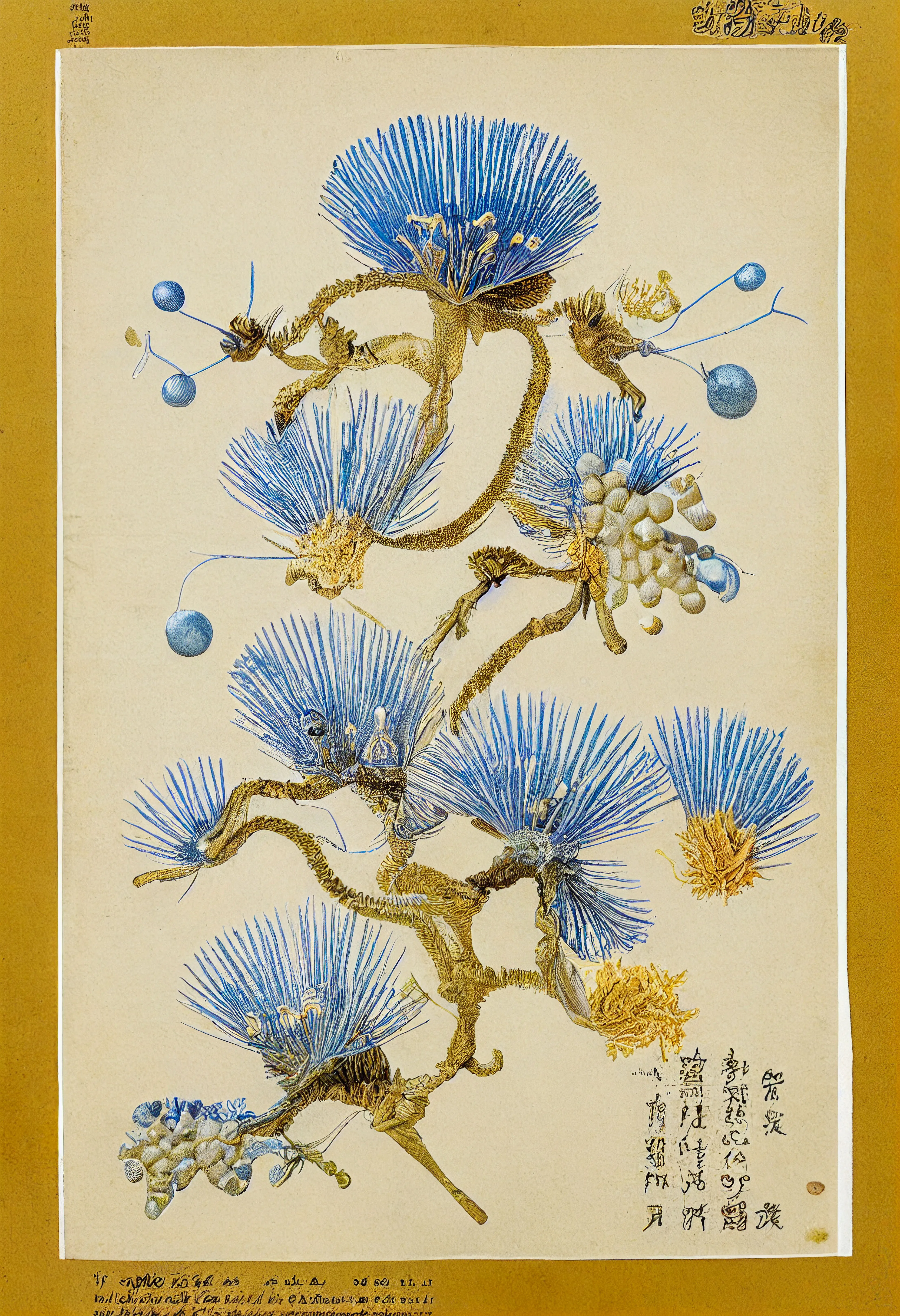 The Fanned Ficifolia, is a unique flowering gum endemic to coastal regions. 

The hardy blossoms serve a functional role in protecting the pearl pollination station for bees.  

The blue blossom attracts pollinators, and when it senses a predator, “fan” open and harden into protective spikes, warding predators from the pearl station. The pearls are not only visually striking, but provide the plant with added resilience. 

Yellow tufts help reflect the sun to keep the plant cool in hot climates. 

Overall, the unique coloring and protective fans of the Fanned Ficifolia make it a truly special plant species.

--

.jpg
3328 x 4864