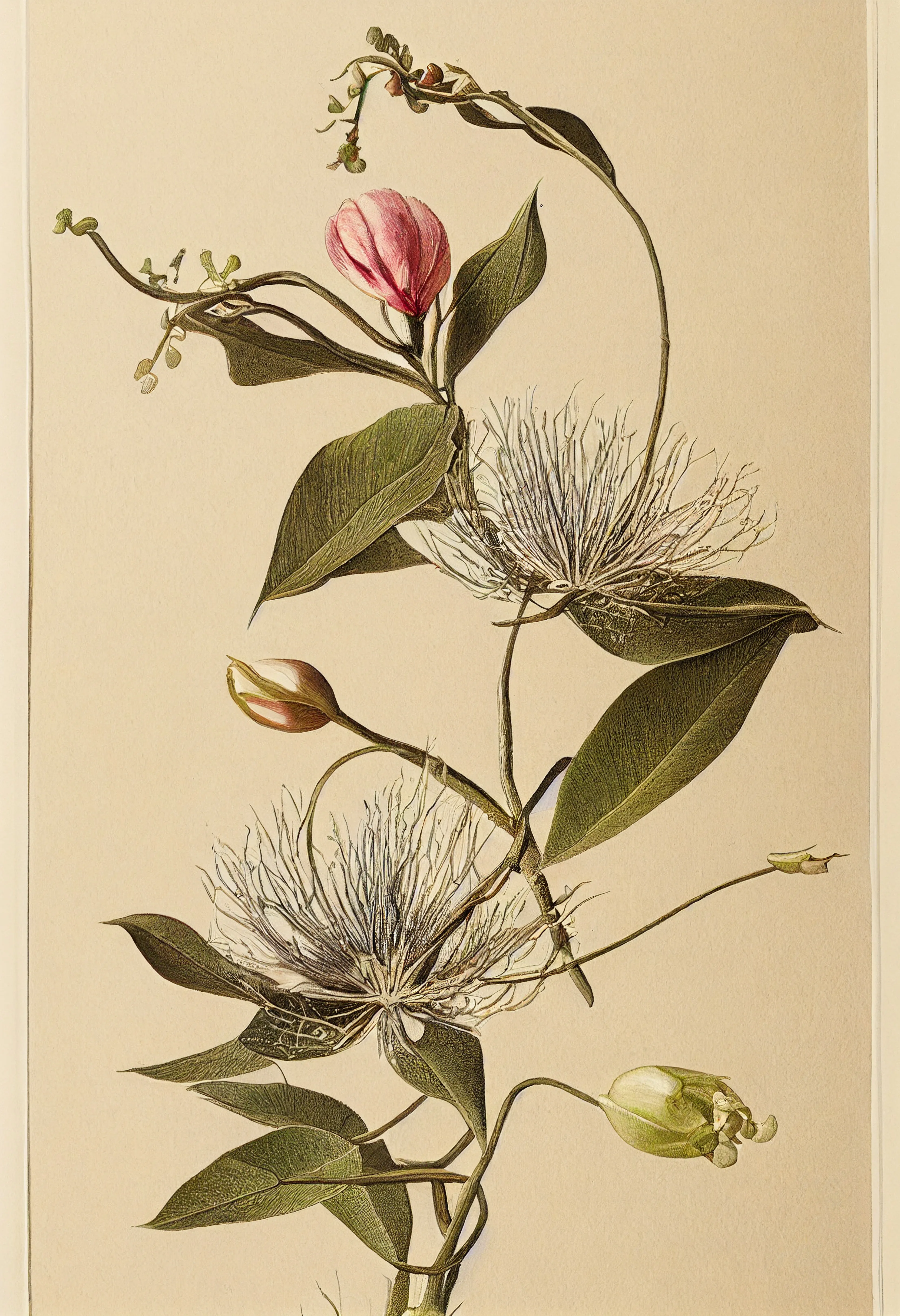 The rare and somewhat mythical Spider Magnolia plant is known to only exist in one secret location, on private land in the New Guinea rainforest. 

Many poachers and cultivators have attempted expeditions in and around the land - those that trespassed never returned. Given its rarity and lack of documentation on the species, illustrations are based on story-telling and second-hand information.  

In ‘The Spider Magnolia’, a novella, a common woman tresspasses onto private land in a bid to obtain the magnolia for her female lover. She was never seen again. The novella published a handwritten note that was found on the outskirts of the private land, describing the ‘Spider Magnolia’:

*Pink bud, full pearl,
soft blushing cheeks, the color your fleur
Hair, on end, caress my hand
Scent alluring, behind your ear*


-

.jpg
3328 x 4864
