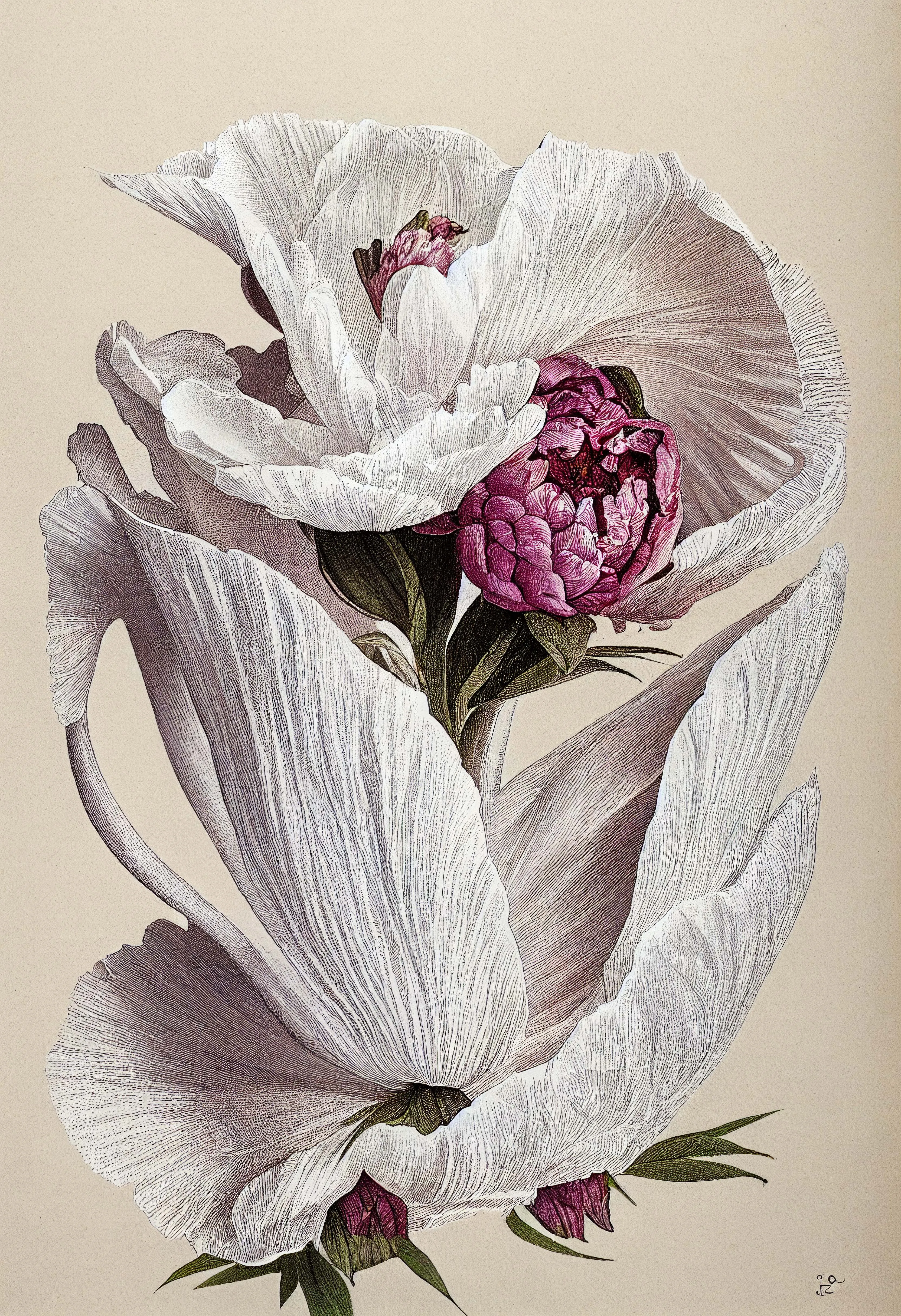 The Peony Clam is a unique and fascinating species, with large, shell-like petals that envelop the central peony flower. The petals are initially thick and soft, and grow around the peony over time, creating a protective barrier. 

As the center peony matures, the outer petals calcify. The hardening of the petals is a crucial part of the plant's development, and is essential for its survival. After the outer petals calcify and completely cover the peony, just like a chrysalis, the peony will morph over 1000 days, finally to become an adornment pearl. 

--

.jpg
3328 x 4864
