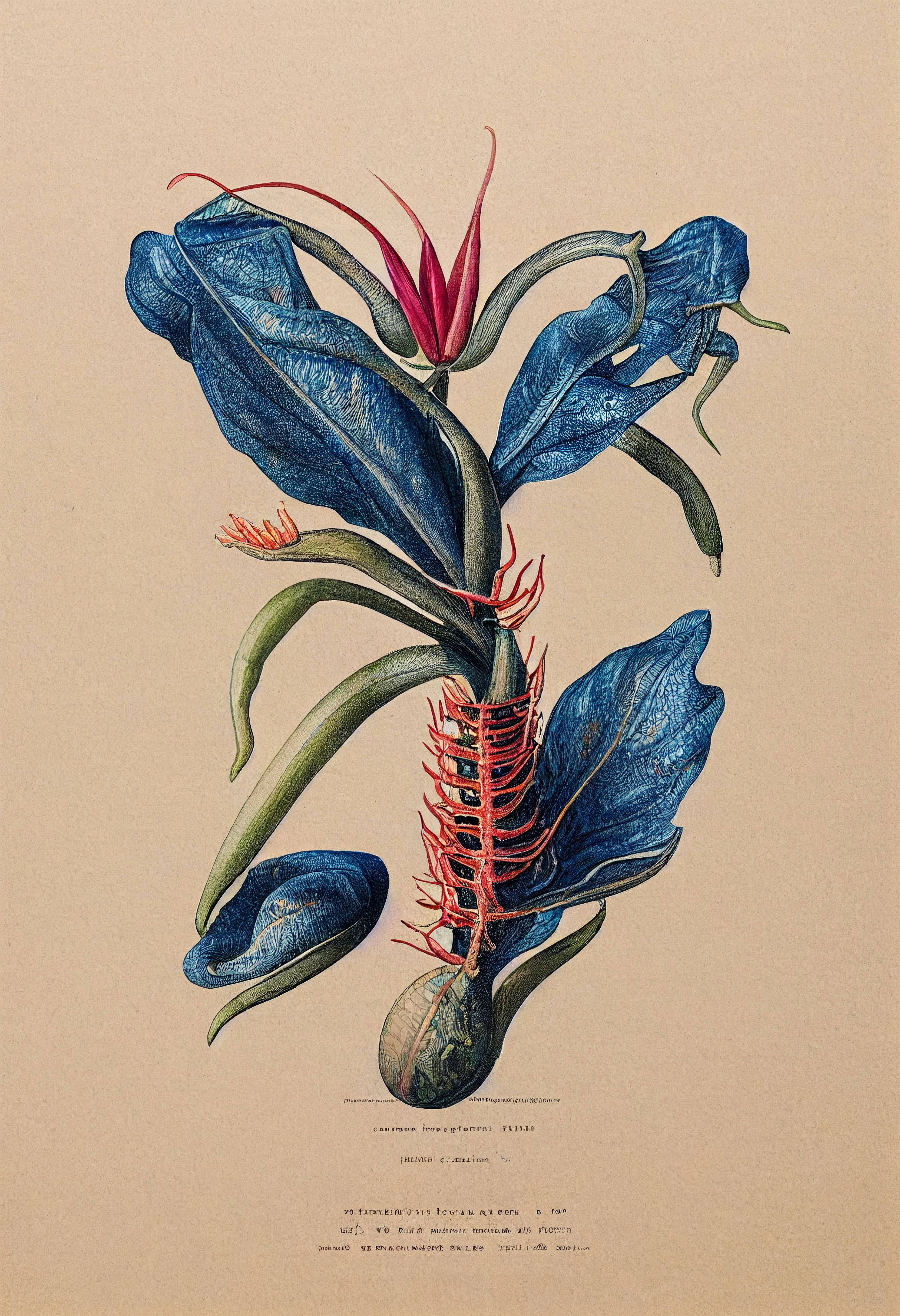 The Midnight Bluebean is a truly unique and fascinating flower. 

The striking red flower head and electric blue broad leaves attract nocturnal pollinators. Technically a lunar flower, it begins to bloom as the sunsets, and is closed once again at dawn.

One of the most interesting aspects of this flower is its ability to grow beans from its skeletal spine. Not only does the spine transmit information from the root to the flower and hold the thick leaves and body of the plant up, the spine protects the root system of the beans.  

Sweet to taste, like a plum, the blue beans are a culinary delicacy. Furthermore, the bright red flower is used as a garnish. By weight, the beans are one of the most expensive delicacies in the world. 
 
 –

.jpg
3328 x 4864
