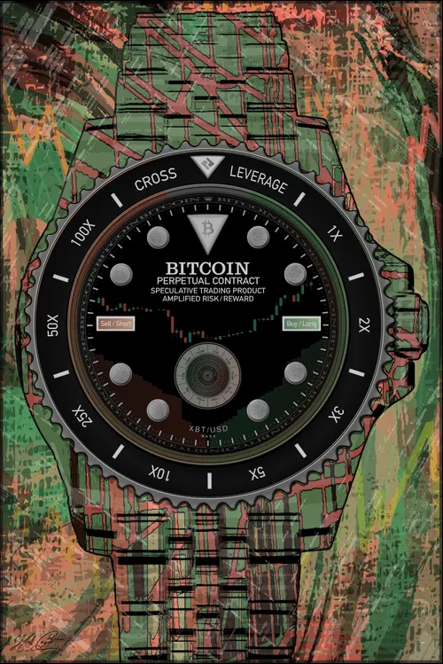 Original art by Lucho Poletti
Edition #2 of 21
Digital painting based on the BitMEX perpetual 
contract used for Bitcoin margin trading.