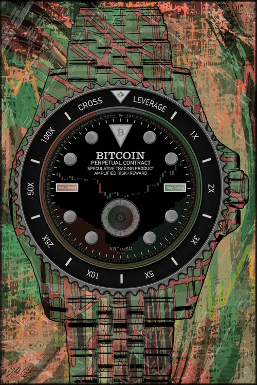 Original art by Lucho Poletti
Edition #1 of 21
Digital painting based on the BitMEX perpetual 
contract used for Bitcoin margin trading.
