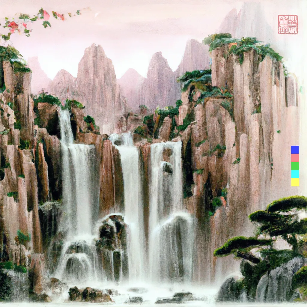 ‘Xie Hua’ (写 畫) Collection
1/1

Through the process of deconstructing and recontextualising the ancient Chinese instructional text on technique and aesthetics, the Mustard Seed Garden Painting Manual, first published in 1679, I have invited AI invigorated responses creating artworks that illuminate, reanimate and imagine the past in a glorious homage to tradition and technological experimentation.
In China there is an historical kinship between writing (xie | 写) and painting (hua | 畫). Literati scholar-painters would describe the act of painting in terms of the verb to write, xie (写), or even praise good literati painting by calling it writing. This intersection is explored in ‘Xie Hua’ (写 畫) Collection with artworks written from imagination into reality through the conduit of AI.
The addition of my artist seal 蔡金娜 (Choy Gina) indicates authorship and enhances composition. While the DALL·E watermark is rotated vertically as a second seal to reflect the medium of AI.
