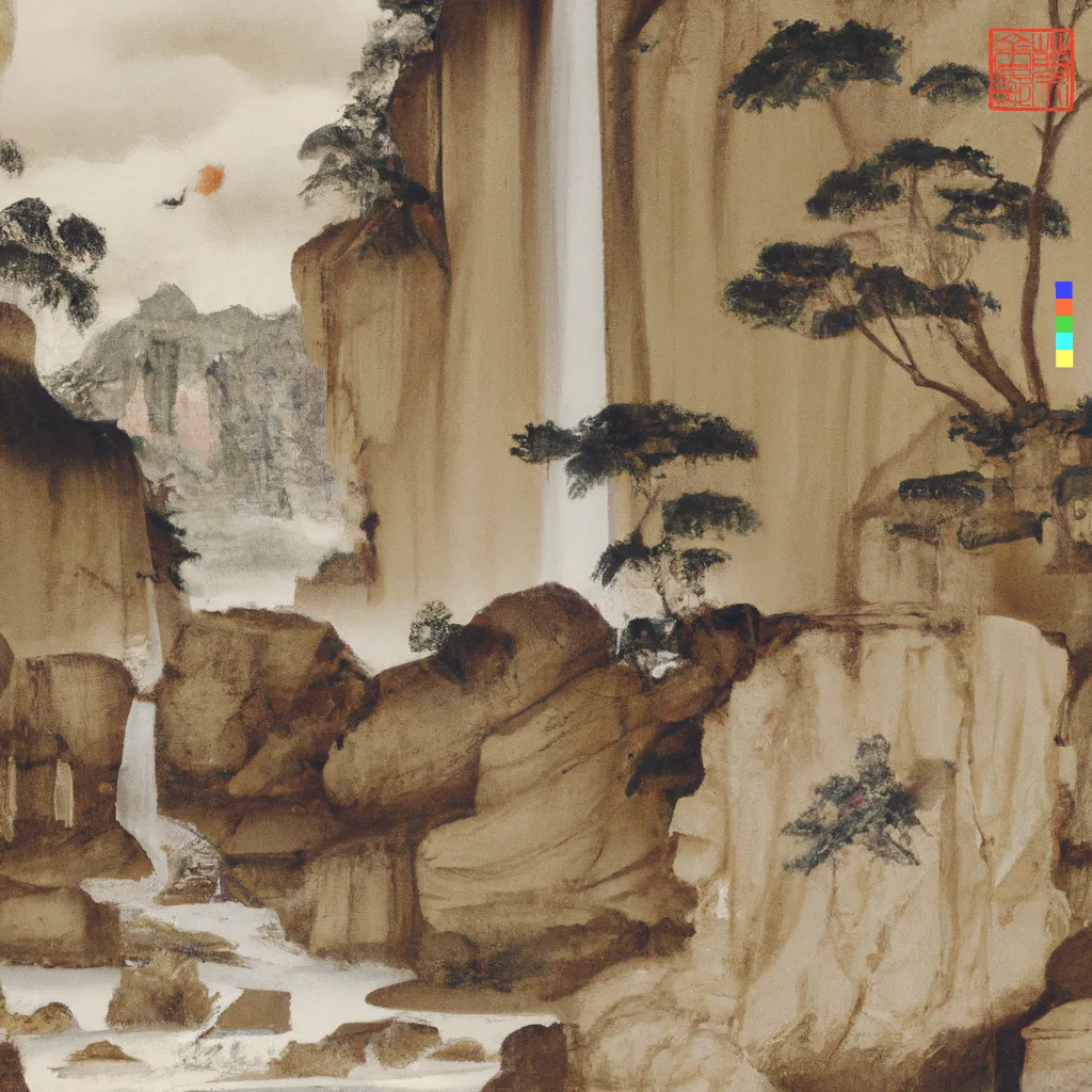 ‘Xie Hua’ (写 畫) Collection
1/1

Through the process of deconstructing and recontextualising the ancient Chinese instructional text on technique and aesthetics, the Mustard Seed Garden Painting Manual, first published in 1679, I have invited AI invigorated responses creating artworks that illuminate, reanimate and imagine the past in a glorious homage to tradition and technological experimentation.
In China there is an historical kinship between writing (xie | 写) and painting (hua | 畫). Literati scholar-painters would describe the act of painting in terms of the verb to write, xie (写), or even praise good literati painting by calling it writing. This intersection is explored in ‘Xie Hua’ (写 畫) Collection with artworks written from imagination into reality through the conduit of AI.
The addition of my artist seal 蔡金娜 (Choy Gina) indicates authorship and enhances composition. While the DALL·E watermark is rotated vertically as a second seal to reflect the medium of AI.