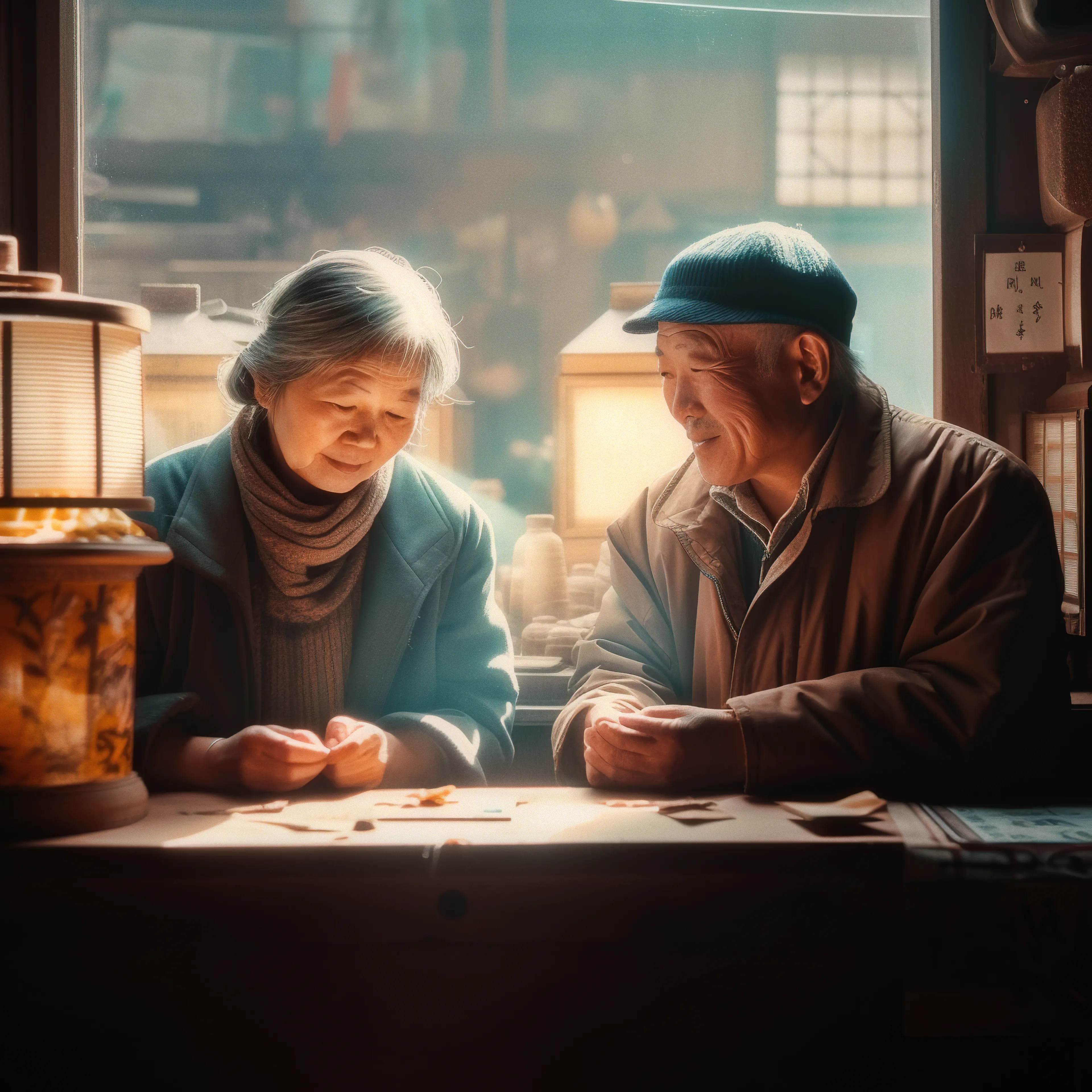 A table for two, they sit and stare,

Lost in memories, they're quite a pair,

Their love has aged, but not diminished,

Two old lovers, their love unfinished.