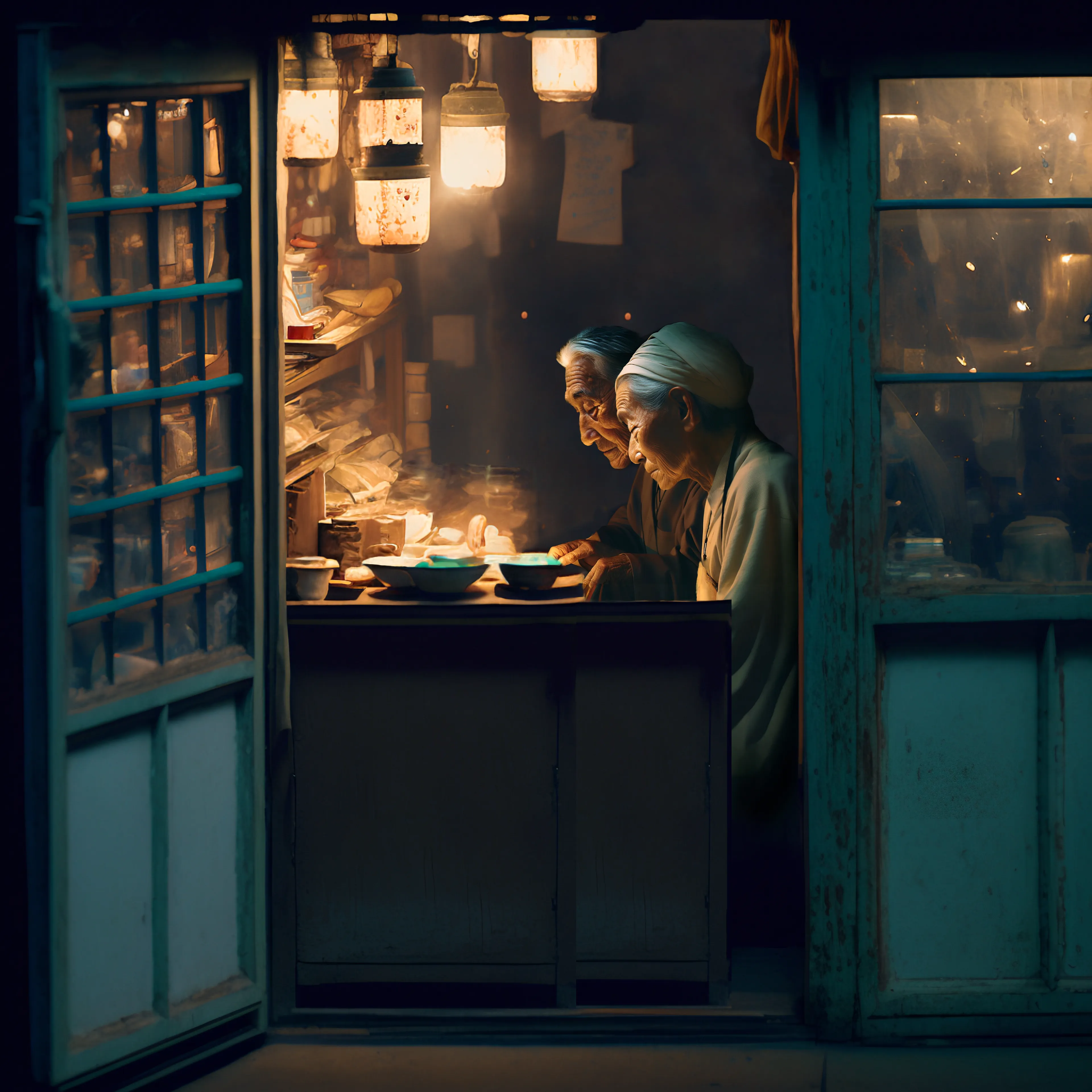 In a cozy corner of the shop,

Two old souls sat and talked.

Their day's work done, they shared a meal,

A moment of peace, a cherished steal.