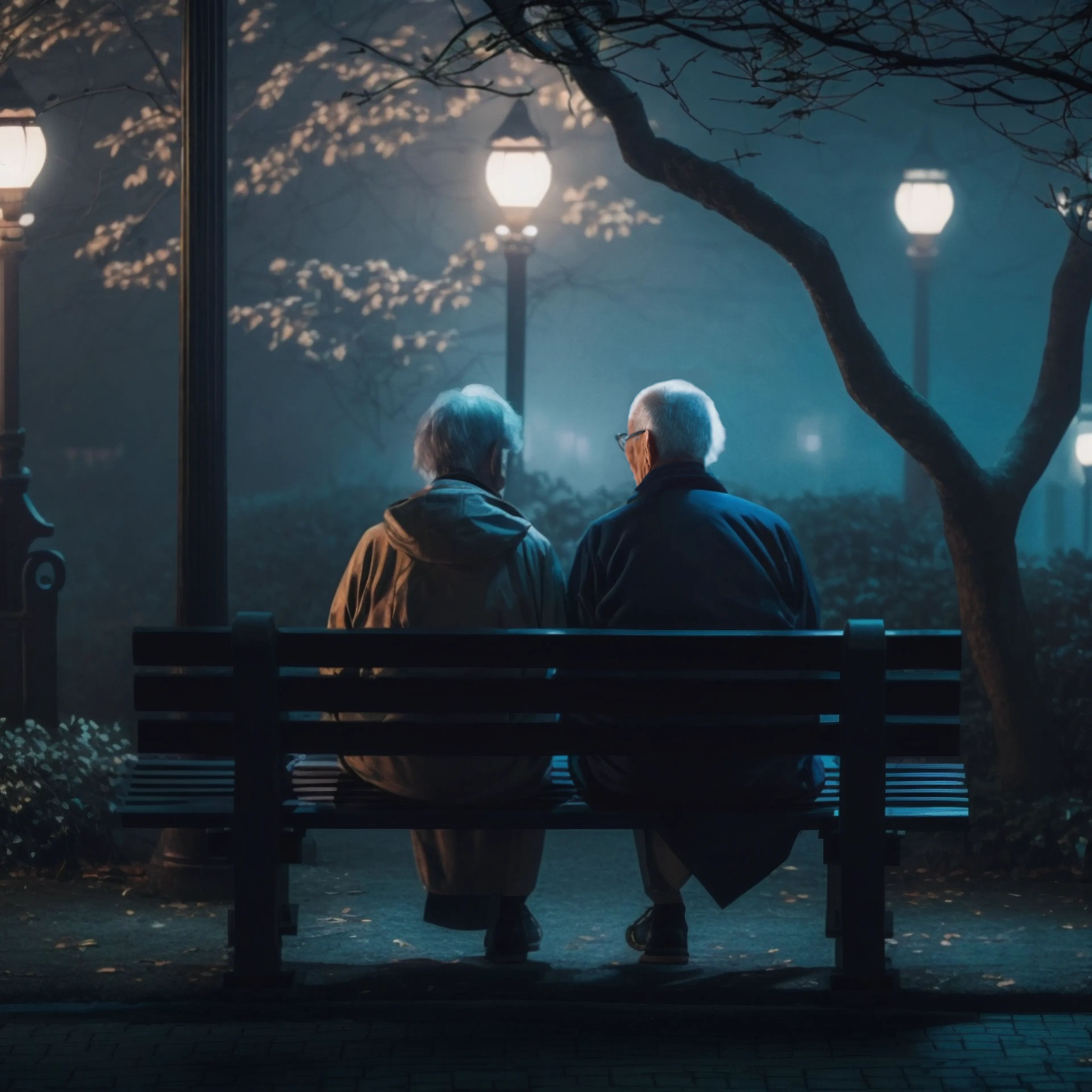 Underneath the stars so bright,

Two old lovers sit in sight,

Holding hands with all their might,

A love that's true and shining bright.