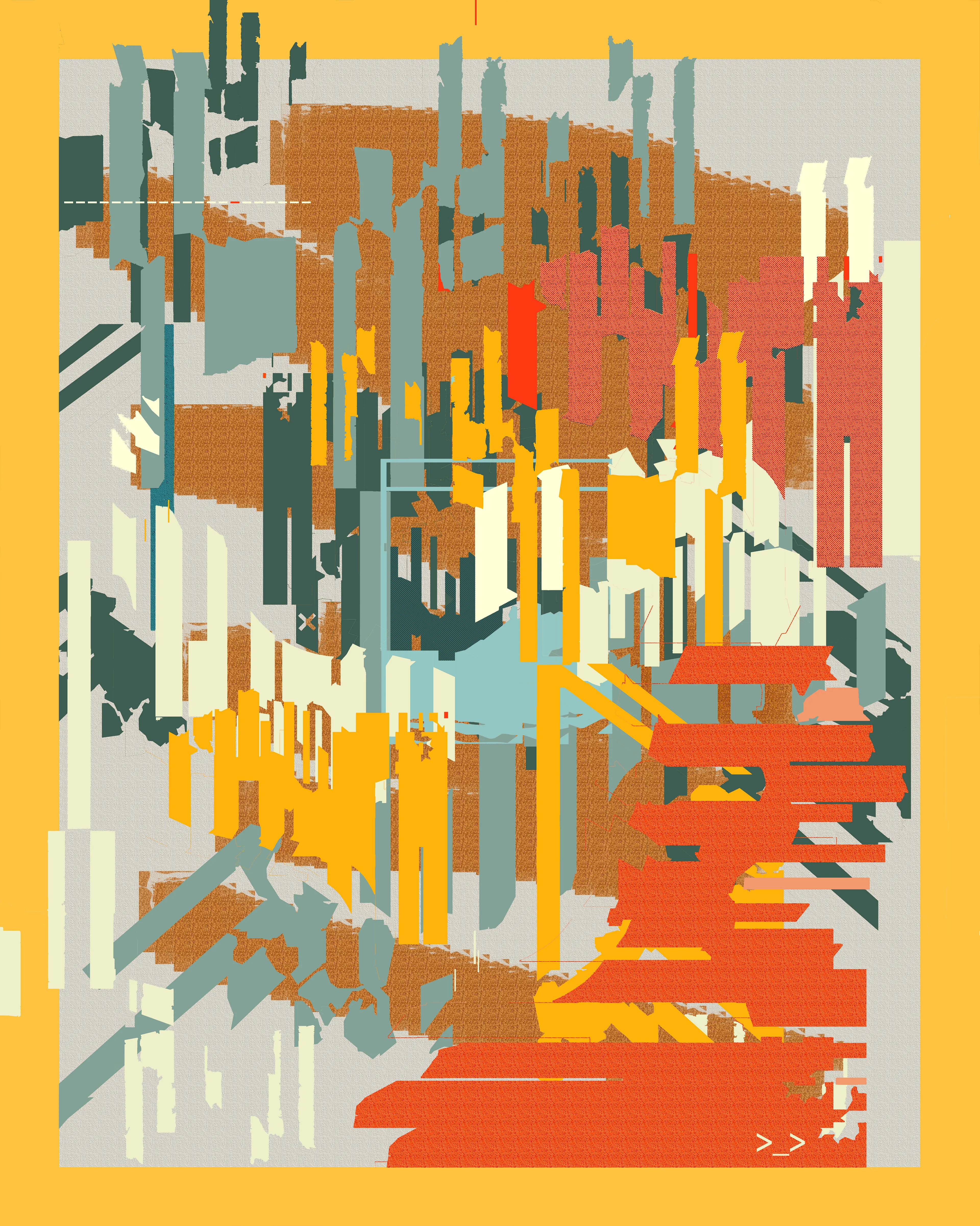 This series merges classic abstract expressionist principles with a vibrant array of digitally-native components — computer symbols, folders, emojis, and Photoshop textures and brushes
