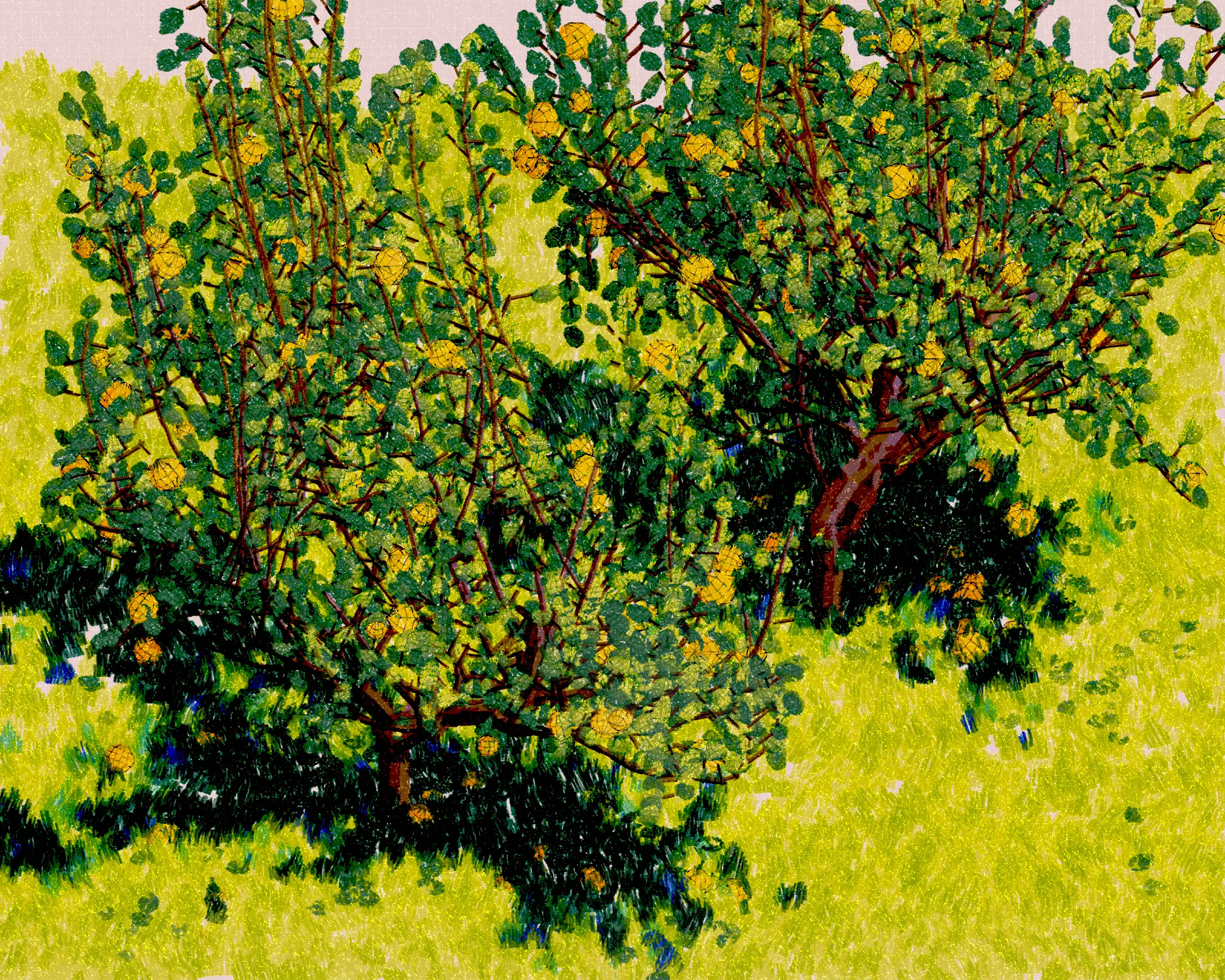 Old Grove depicts the quiet beauty of forgotten, unpruned citrus trees. The branches are heavy with ripe fruit sometimes drooping toward the earth where fallen fruit lie. These trees have found their freedom, growing with abandon, shaping themselves as they please. Each piece is rendered with the delicate touch of pointillism, the harmony of divisionism, and the fleeting grace of impressionism, inviting the viewer into a moment of natural reverie.