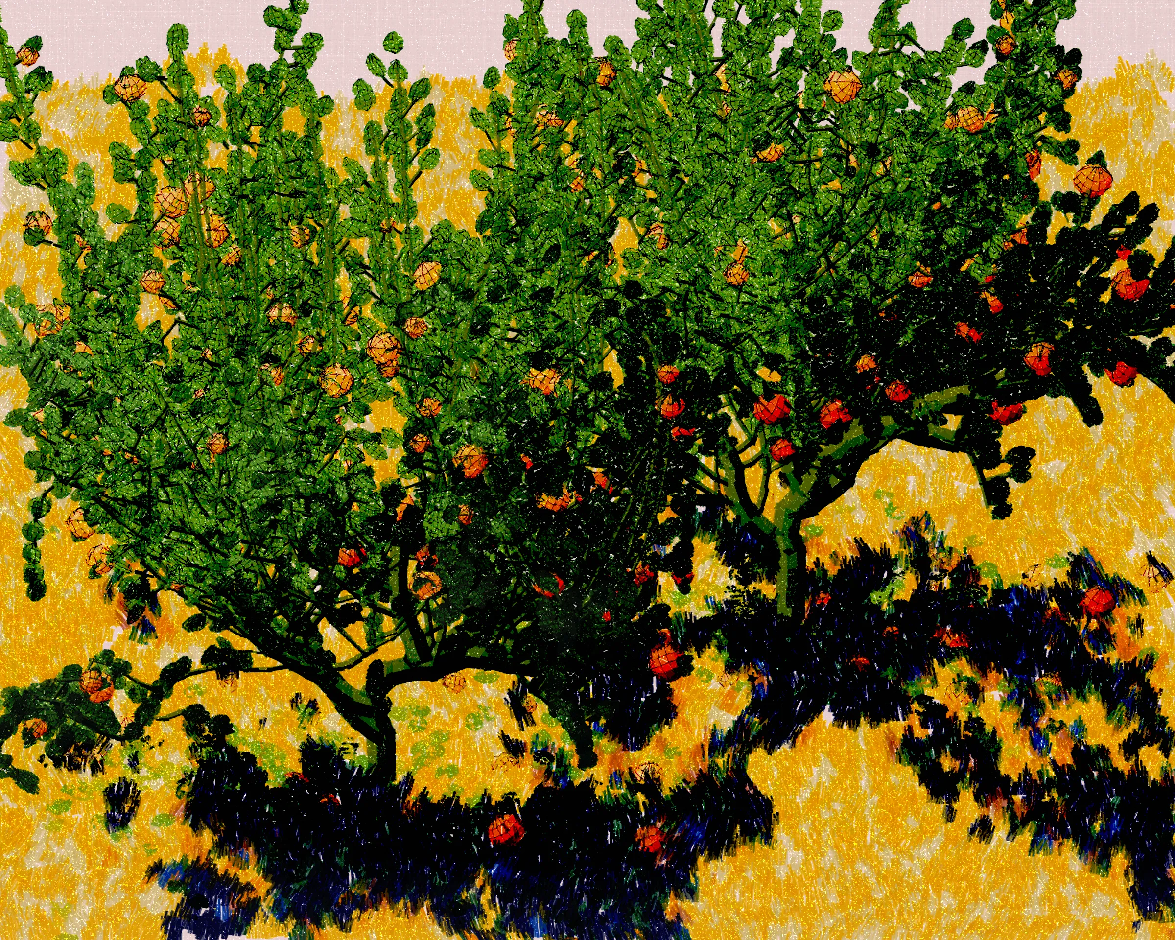 Old Grove depicts the quiet beauty of forgotten, unpruned citrus trees. The branches are heavy with ripe fruit sometimes drooping toward the earth where fallen fruit lie. These trees have found their freedom, growing with abandon, shaping themselves as they please. Each piece is rendered with the delicate touch of pointillism, the harmony of divisionism, and the fleeting grace of impressionism, inviting the viewer into a moment of natural reverie.