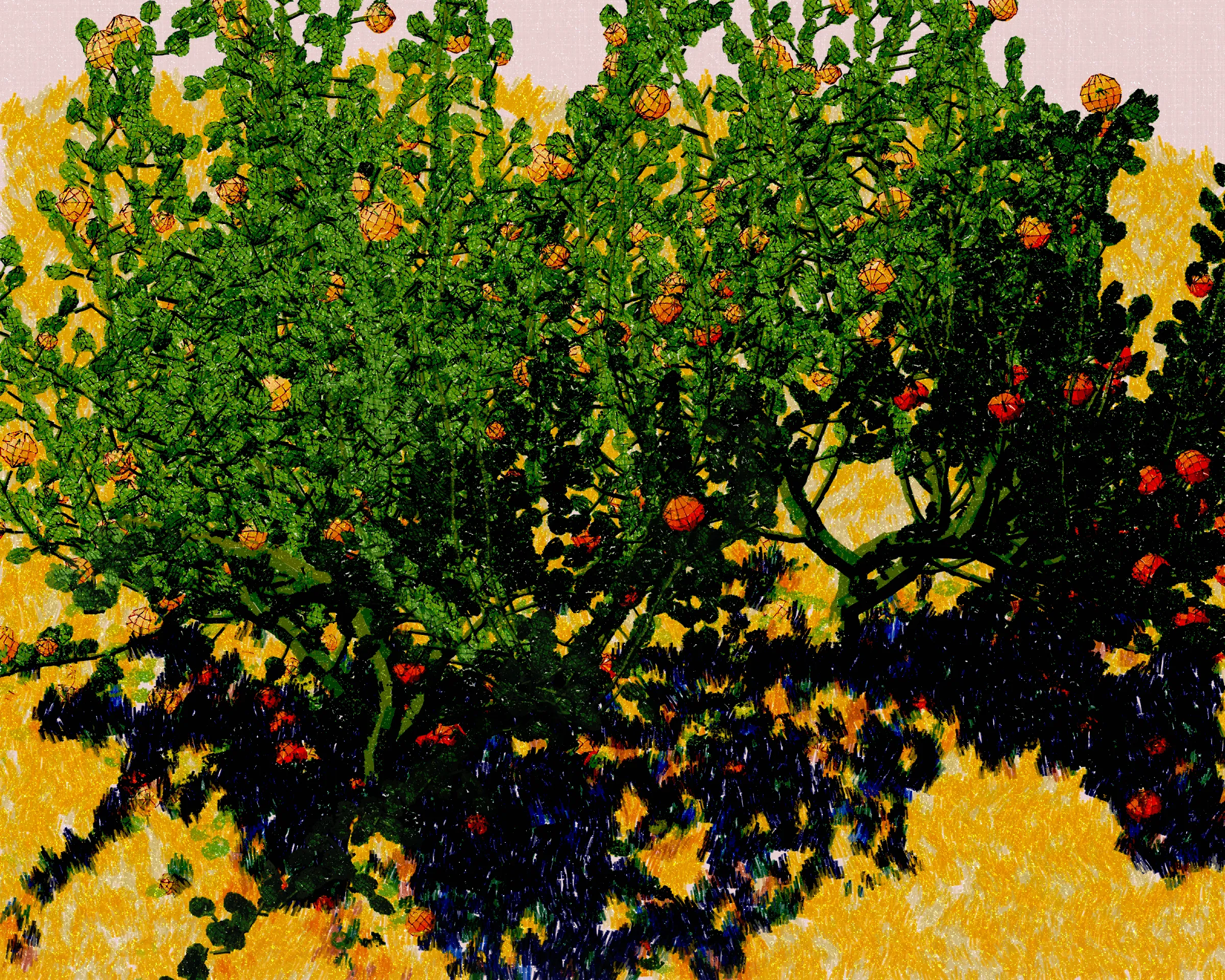 Old Grove depicts the quiet beauty of forgotten, unpruned citrus trees. The branches are heavy with ripe fruit sometimes drooping toward the earth where fallen fruit lie. These trees have found their freedom, growing with abandon, shaping themselves as they please. Each piece is rendered with the delicate touch of pointillism, the harmony of divisionism, and the fleeting grace of impressionism, inviting the viewer into a moment of natural reverie.