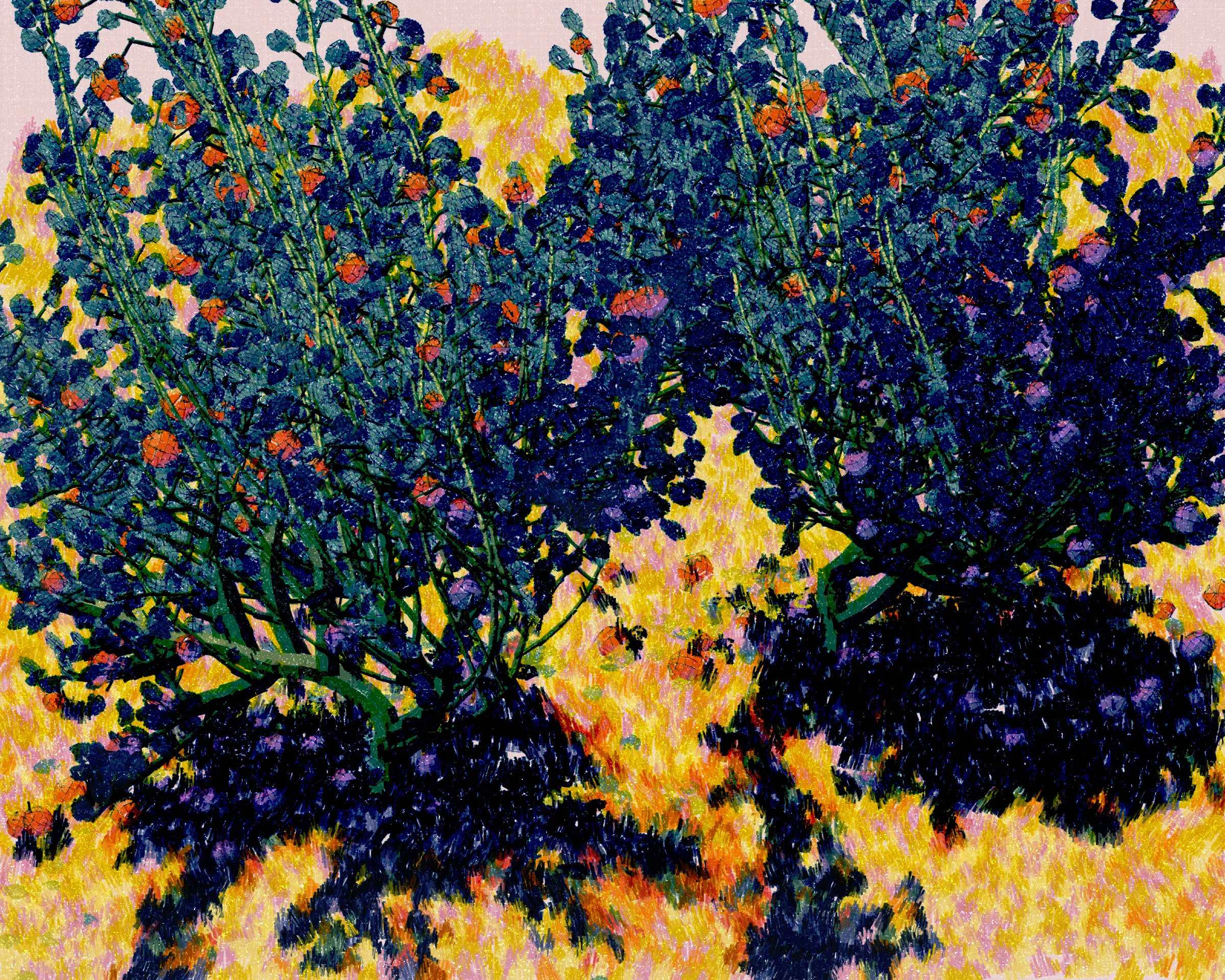 Old Grove depicts the quiet beauty of forgotten, unpruned citrus trees. The branches are heavy with ripe fruit sometimes drooping toward the earth where fallen fruit lie. These trees have found their freedom, growing with abandon, shaping themselves as they please. Each piece is rendered with the delicate touch of pointillism, the harmony of divisionism, and the fleeting grace of impressionism, inviting the viewer into a moment of natural reverie.