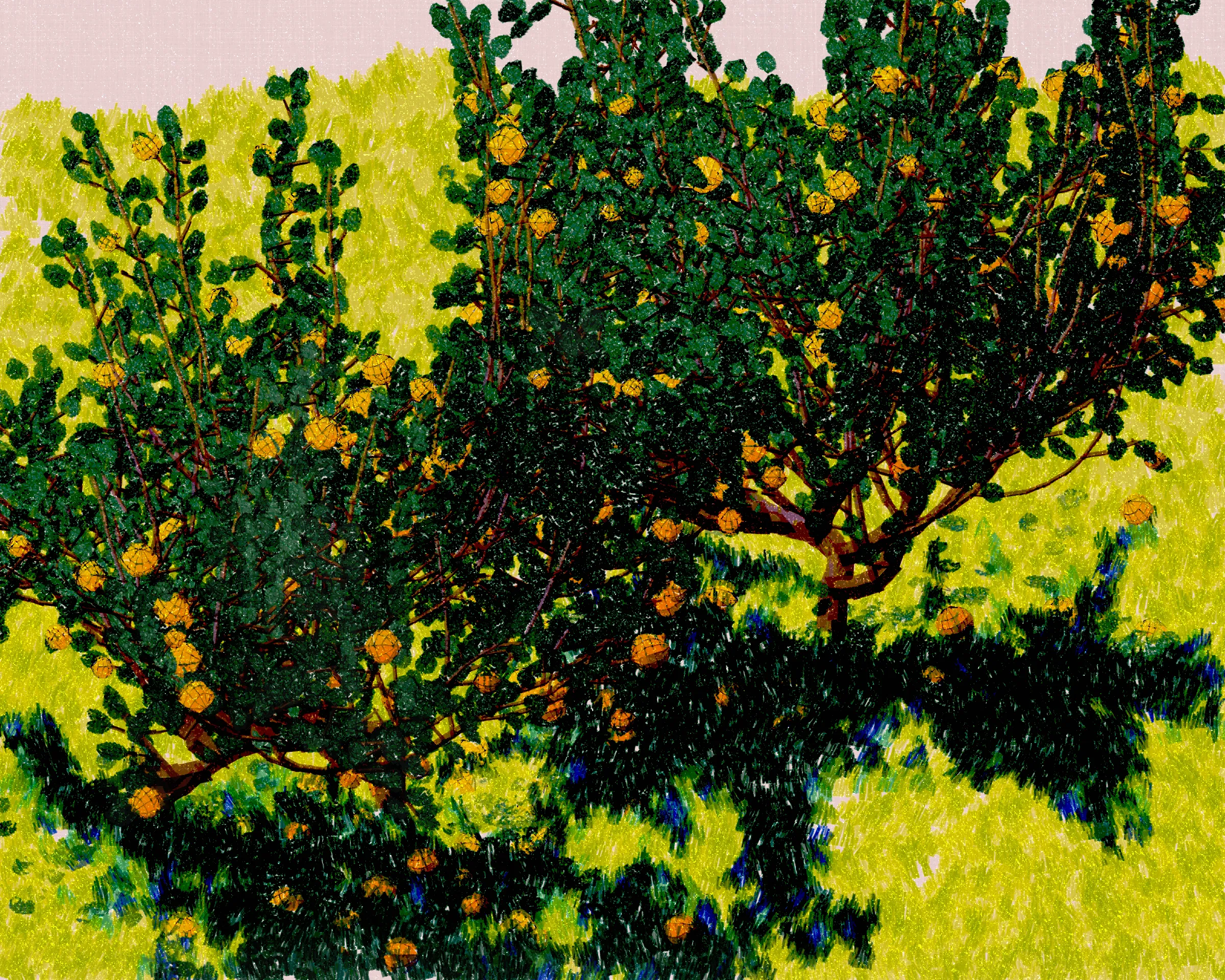 Old Grove depicts the quiet beauty of forgotten, unpruned citrus trees. The branches are heavy with ripe fruit sometimes drooping toward the earth where fallen fruit lie. These trees have found their freedom, growing with abandon, shaping themselves as they please. Each piece is rendered with the delicate touch of pointillism, the harmony of divisionism, and the fleeting grace of impressionism, inviting the viewer into a moment of natural reverie.