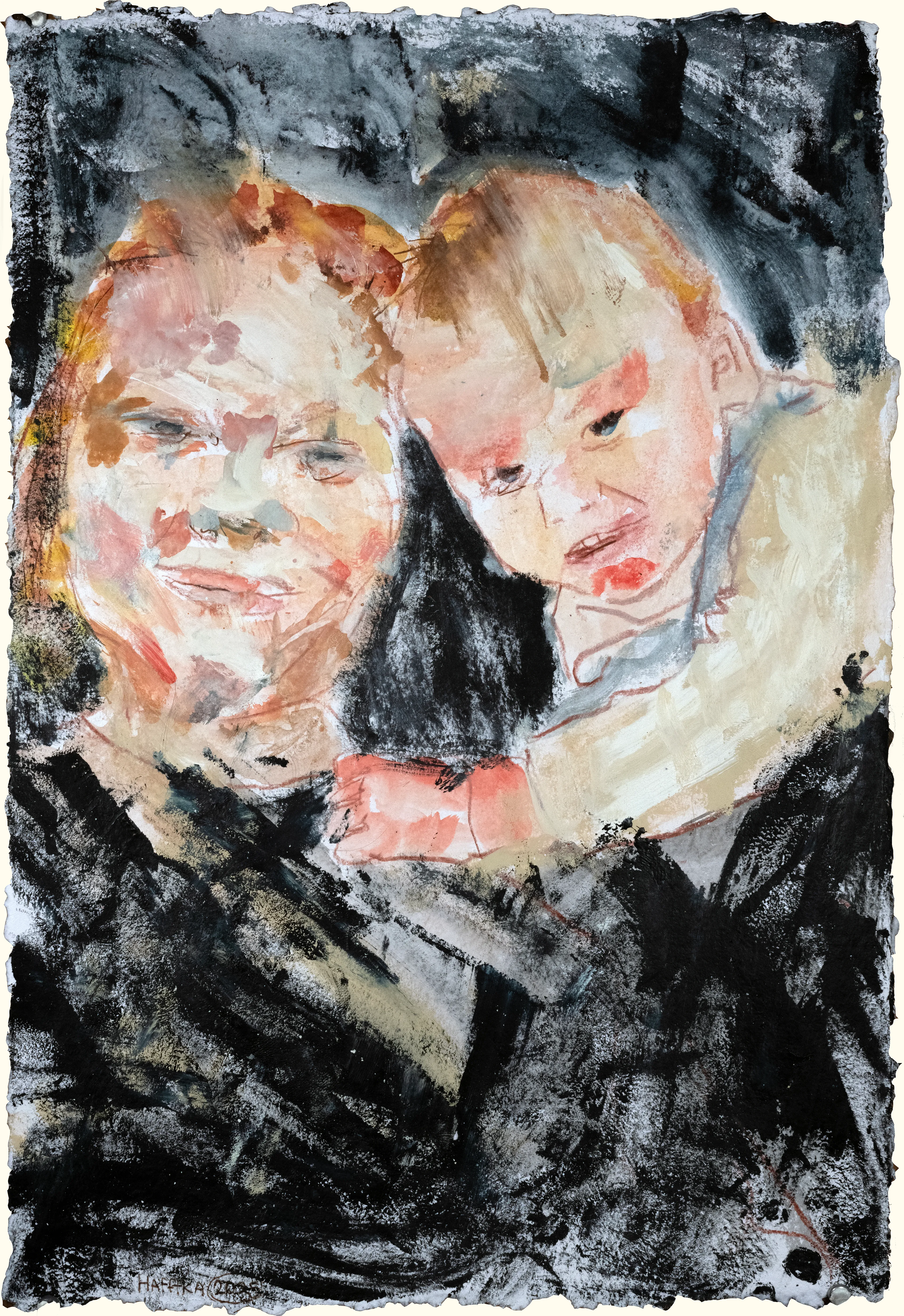 Portrait of a mother and child, watercolor, crayon and ink on handmade paper, 2025, 22" x 15.25"