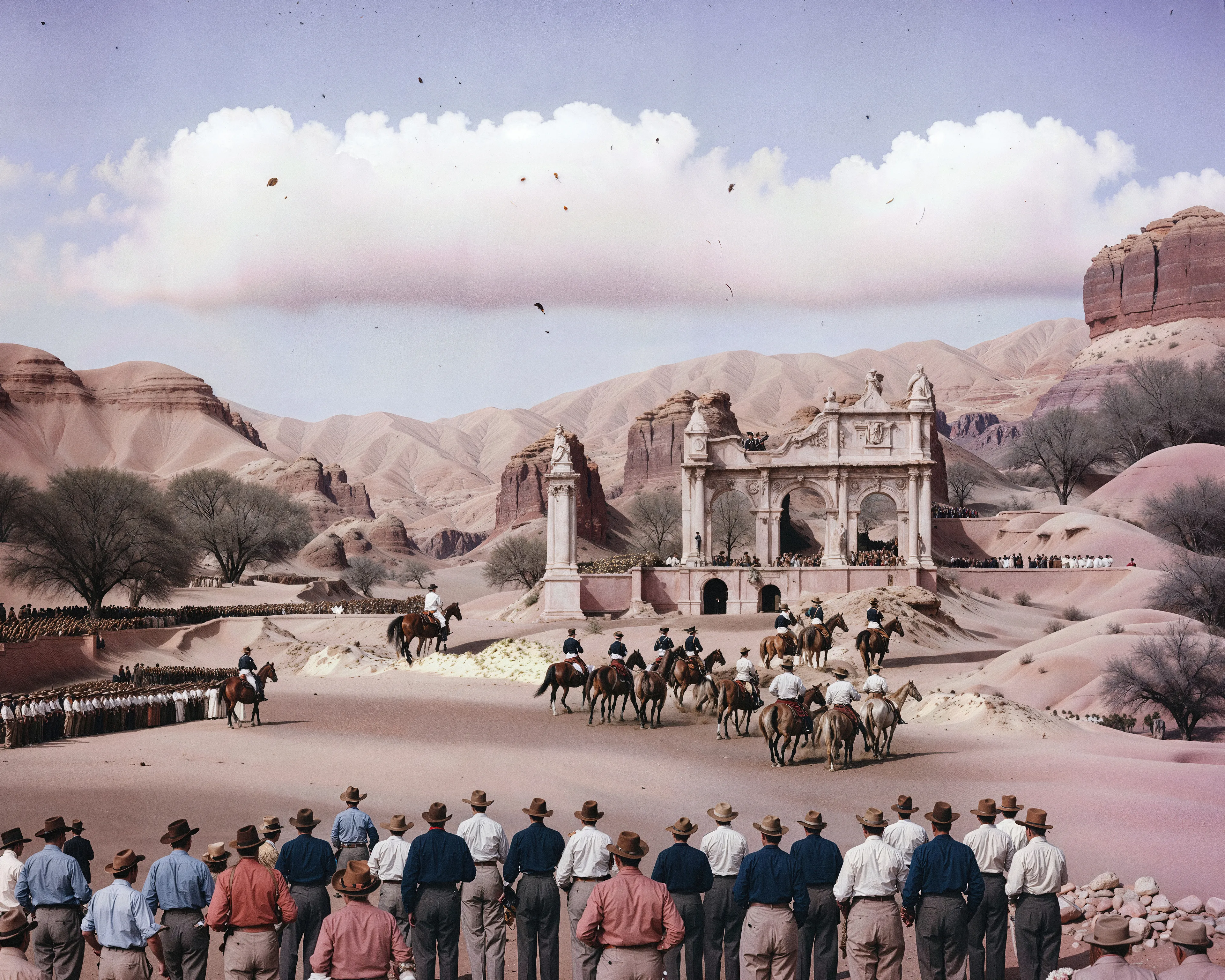 35mm #1: Jordan, Petra, 1970s - Boy riding a white horse in the desert outside Petra
35mm #2: England, London, 1940s - A procession of the Royal Horse Guard past Green Park gate near Buckingham Palace
