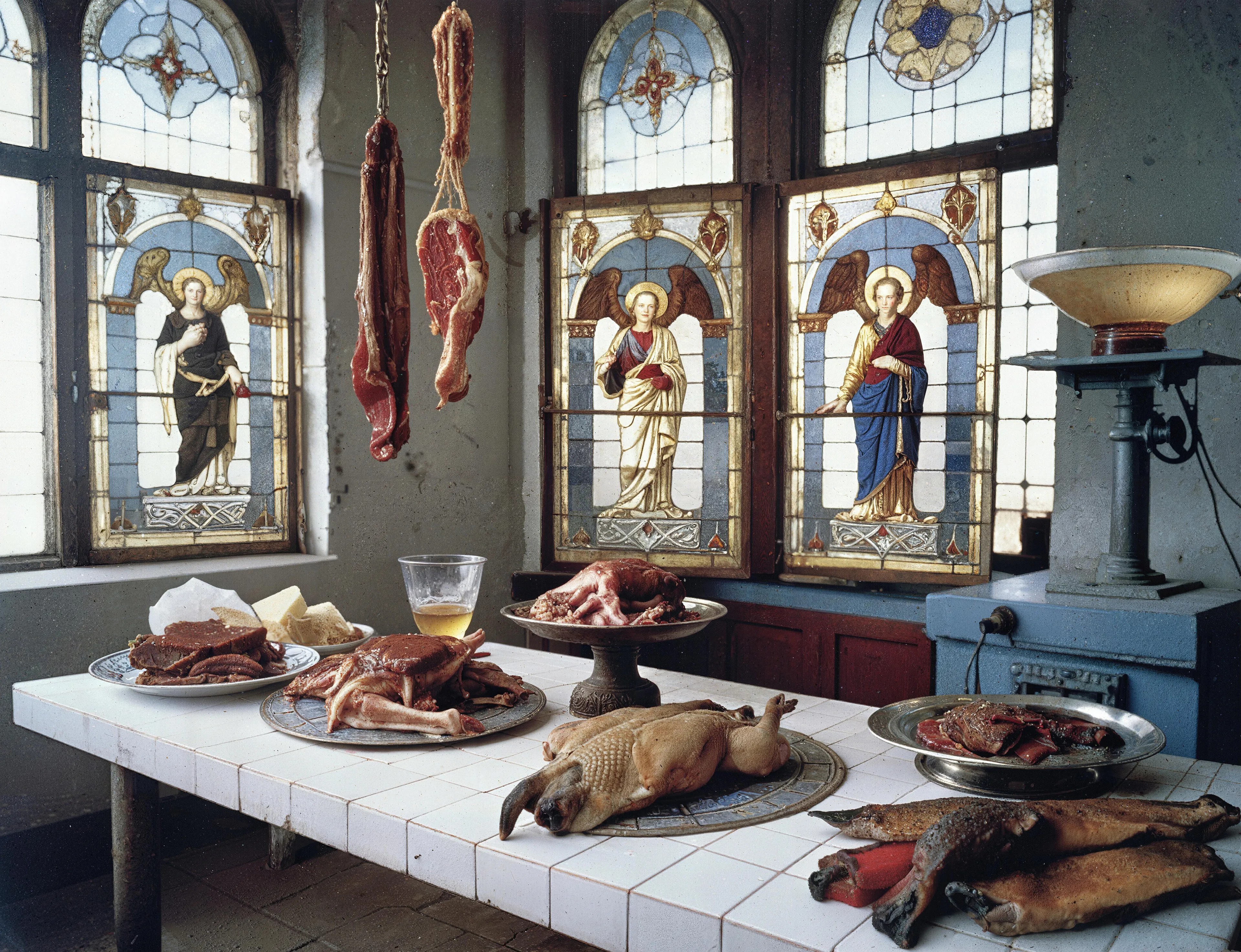 35mm #1: England, 1970s - Stained glass windows
35mm #2: Bolivia, La Paz, 1950s - Butcher's meat in a market stall