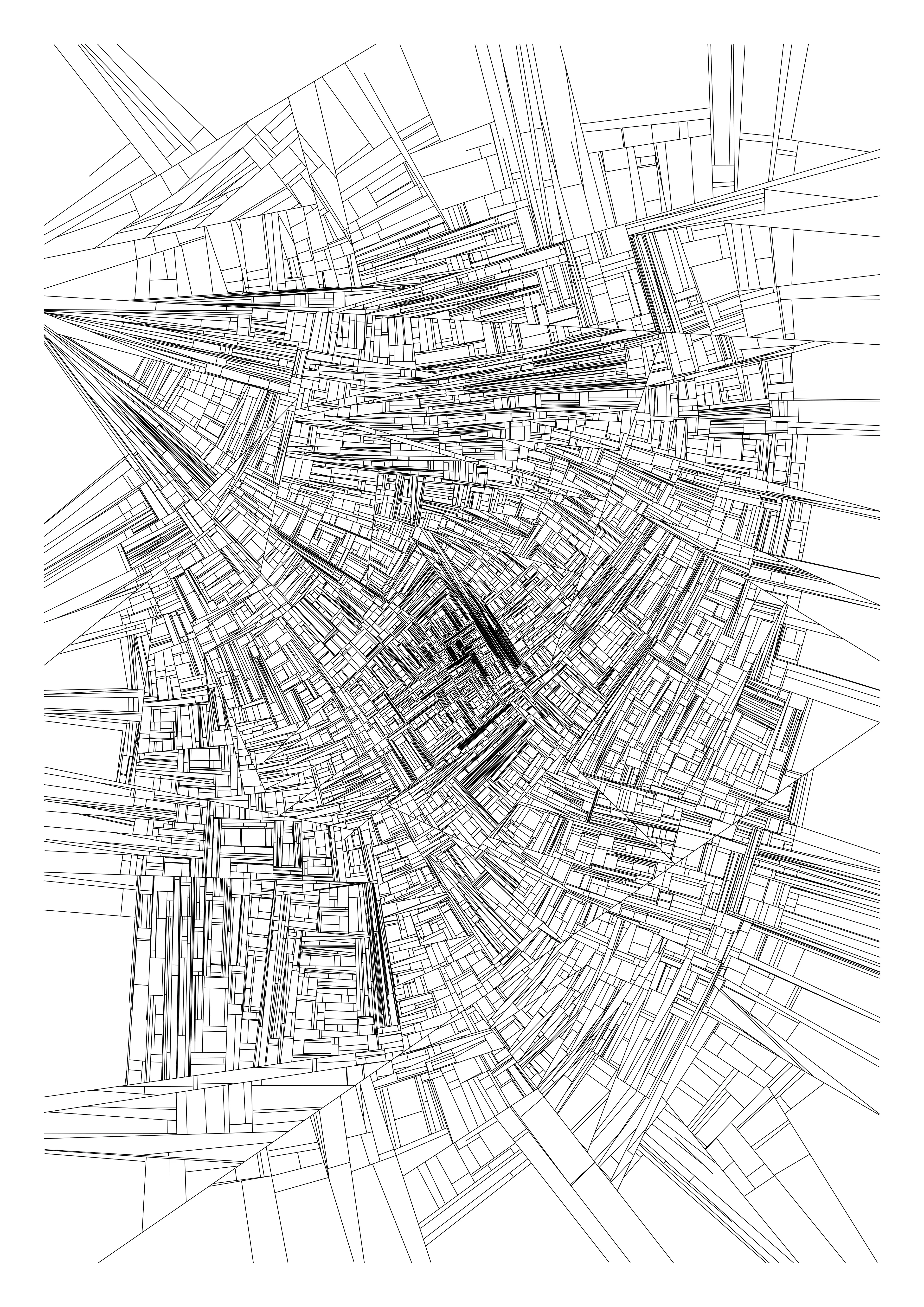 This is the unique rendered output of an algorithm exploring the non-intersection of line segments. The key feature of this design is that no line is allowed to cross another line. This process creates an intricate pattern hinting at a broken surface. By thoughtfully controlling the position where the lines are drawn and manipulating the angles using perlin noise, a fractured pattern appears, adding an additional layer of complexity and depth to the design.

This artwork is the carefully crafted and selected output of a generative algorithm. Upon request, the NFT is accompanied by a unique 1/1 edition physical plot. The pen plot is 420mm x 594mm, black archival ink on A2 220gr white acid-free paper. It is the sole responsibility of the seller and buyer if the physical plot is included in the sale on the secondary market.

Hi-res 4800 x 6789 px PNG
Made with javascript, p5