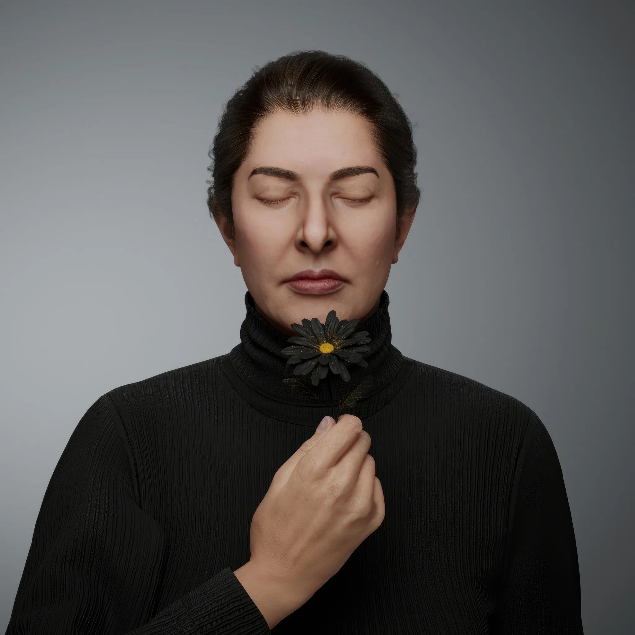 The camomile, a symbol of love, simplicity, and tenderness, carries profound meaning in the language of flowers, representing patience and energy. Its sweet aroma contrasts with its bitter taste, embodying the dualities of life. In this performance, Marina holds the camomile with unwavering stillness, embodying the tension between the sweetness of desire and the bitterness of life's trials. The meditative nature of the piece amplifies this contrast, with the only visible action being the quiet flow of tears down her serene face.
