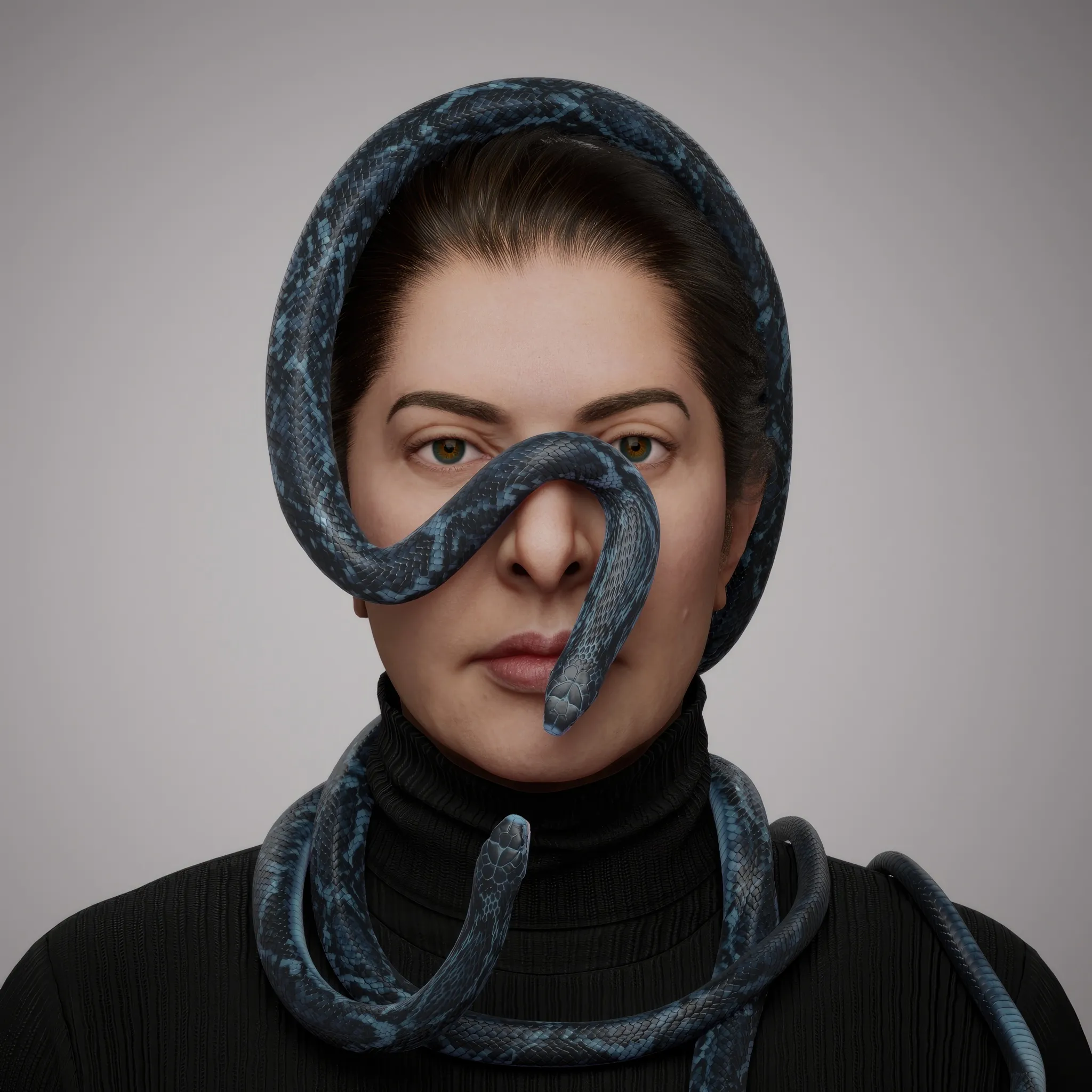 A portrait with snakes captures a profound inner dialogue—a confrontation with fear. As a child, Marina once walked through the woods with her grandmother and unknowingly picked up what she thought was a stick. It turned out to be a venomous snake, a creature that could have ended her life, but, instead, etched itself into her memory as a source of lingering fear. For Marina, art is a process where she brings her fears to life, confronting and transforming them. The snake, an ancient and powerful symbol, embodies duality and transformation. It is both protector and guide, carrying wisdom and the promise of healing. Through this potent symbol, the portrait weaves together vulnerability, strength, and the artist's journey of self-renewal.