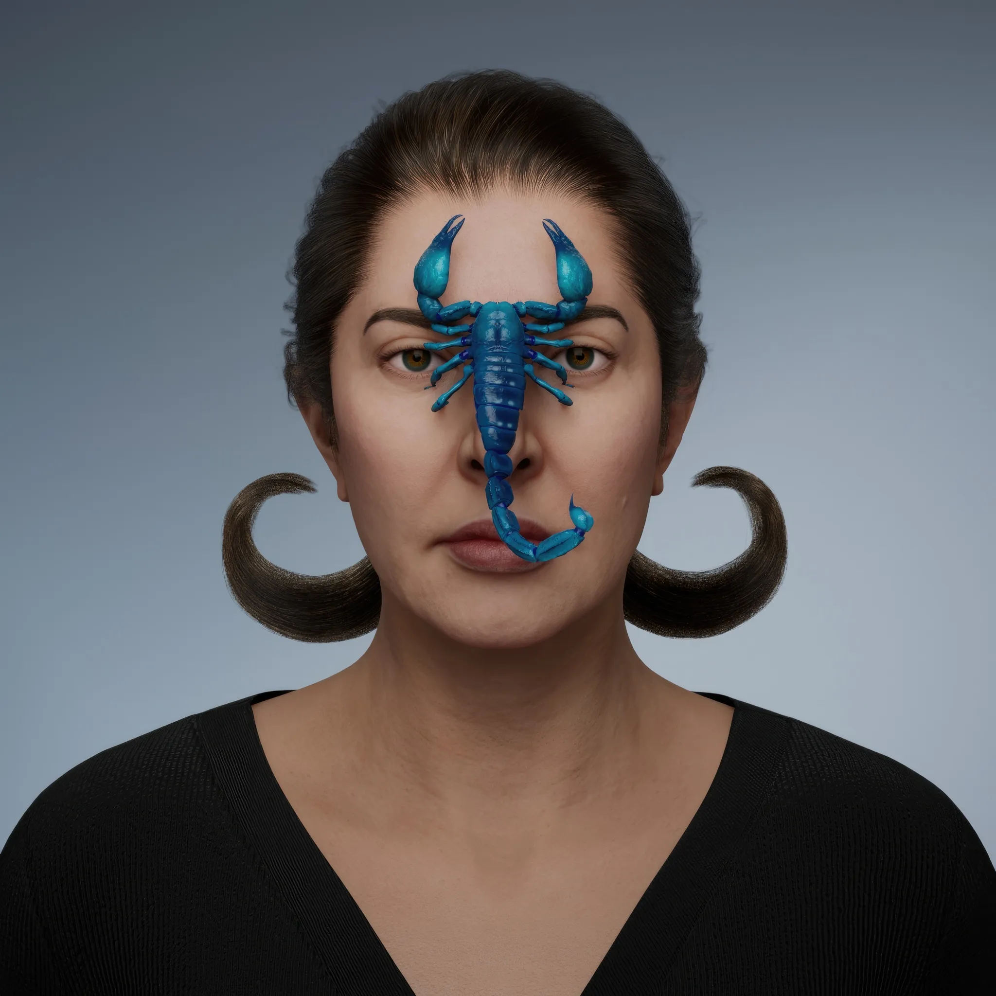 This evocative self-portrait featuring a scorpion is an homage to Frida Kahlo. In 1938, Kahlo painted Self-Portrait with Monkey, where the monkey—symbolising desire in Mexican mythology—sits tenderly beside her, embraced in a gesture of quiet protection. Abramović, however, replaced the monkey's gentle presence with the scorpion's lethal intensity, a creature embodying danger and resilience. This stark contrast reflects Marina Abramović's artistic ethos, delving into the tension of extremes and the confrontation of fear that defines much of her performative work.