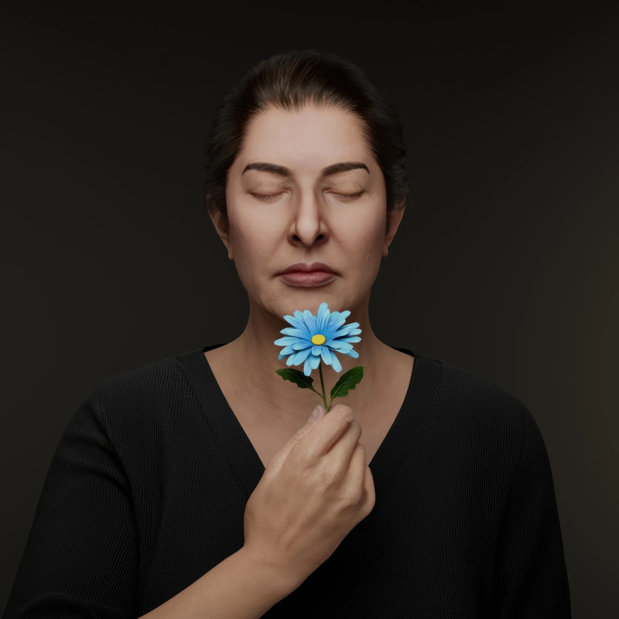 The camomile, a symbol of love, simplicity, and tenderness, carries profound meaning in the language of flowers, representing patience and energy. Its sweet aroma contrasts with its bitter taste, embodying the dualities of life. In this performance, Marina holds the camomile with unwavering stillness, embodying the tension between the sweetness of desire and the bitterness of life's trials. The meditative nature of the piece amplifies this contrast, with the only visible action being the quiet flow of tears down her serene face.