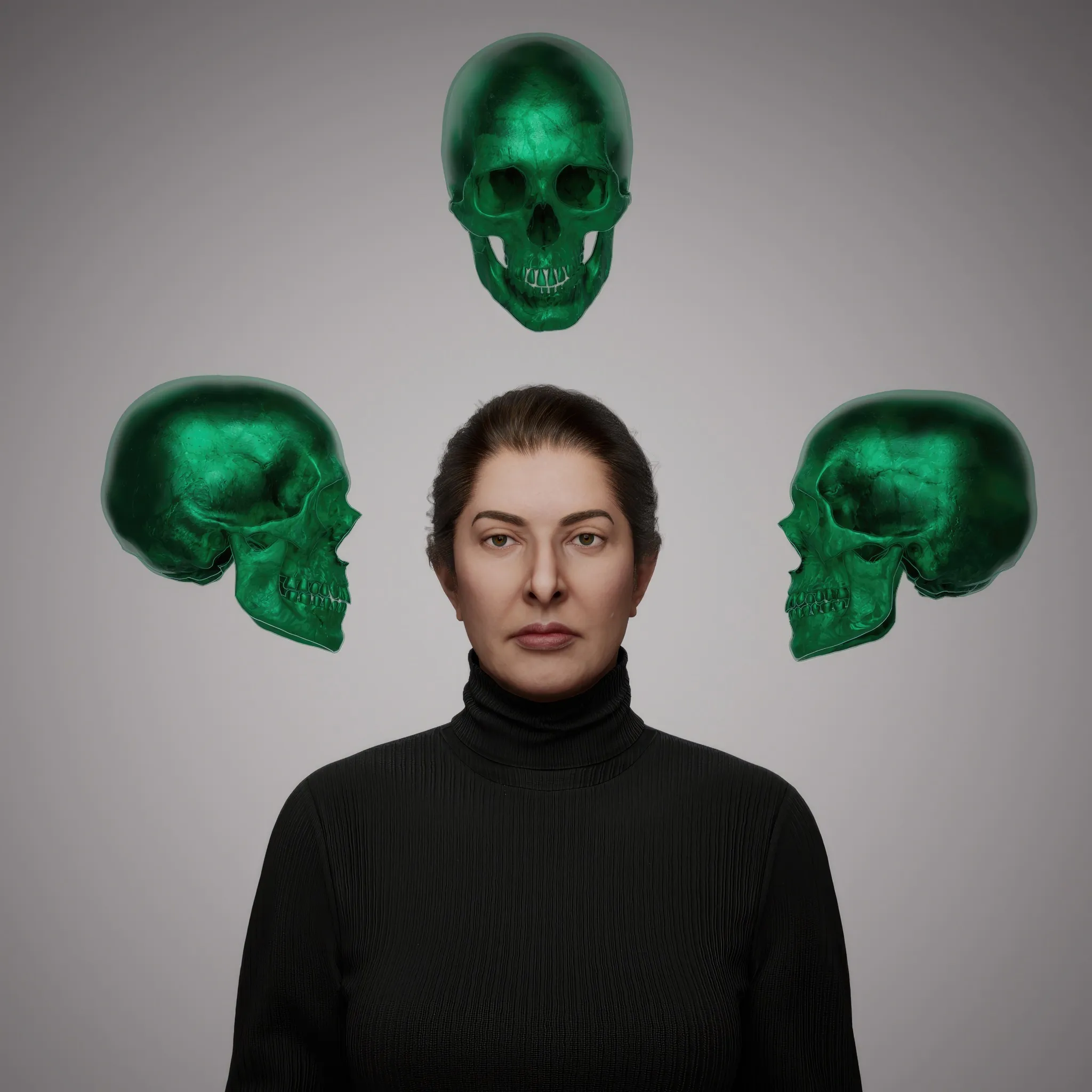 From the outset, Marina Abramović's practice has pushed the limits of experimental art, with actions that function as purification rituals in her quest for an absolute freedom. This work belongs to the broader series titled The Balkans and is deeply intertwined with her performance Nude with Skeleton. The piece draws inspiration from an ancient Tibetan tradition, where monks meditate on impermanence by sleeping in cemeteries alongside decaying corpses. In Self-Portrait with Skeleton, Abramović confronts the inevitability of her own death, using the skeletal form as both a companion and a mirror.