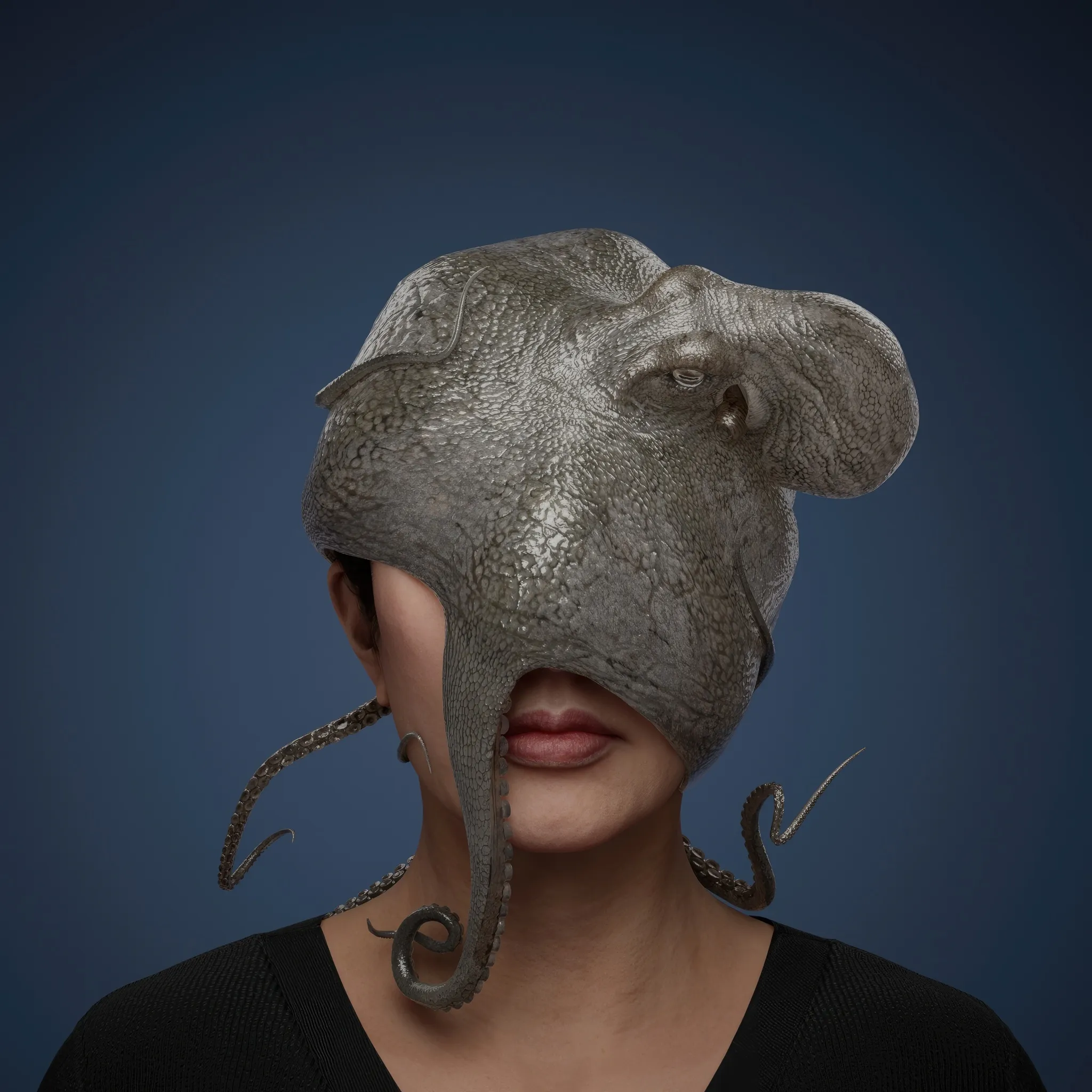A portrait with an octopus embodies the themes of flexibility and adaptation, mirroring the creature's extraordinary ability to contort its form, change its colour, and blend seamlessly into its surroundings. This fluidity speaks to resilience and the power of transformation, yet the octopus also carries an opposing symbolism: that of disorientation and unease. The creation of this portrait involved a live octopus, placing both Marina and the animal in a shared trial of adaptation. The octopus, capable of surviving out of water for only 30 seconds without harm, found itself in an alien and perilous environment. Simultaneously, Marina faced her own challenge as the octopus clung to her, wrapping its tentacles around her face and blocking her nose, momentarily cutting off her access to air. This intense interaction underscores the delicate balance between survival, surrender, and the dynamic interplay of control and vulnerability.