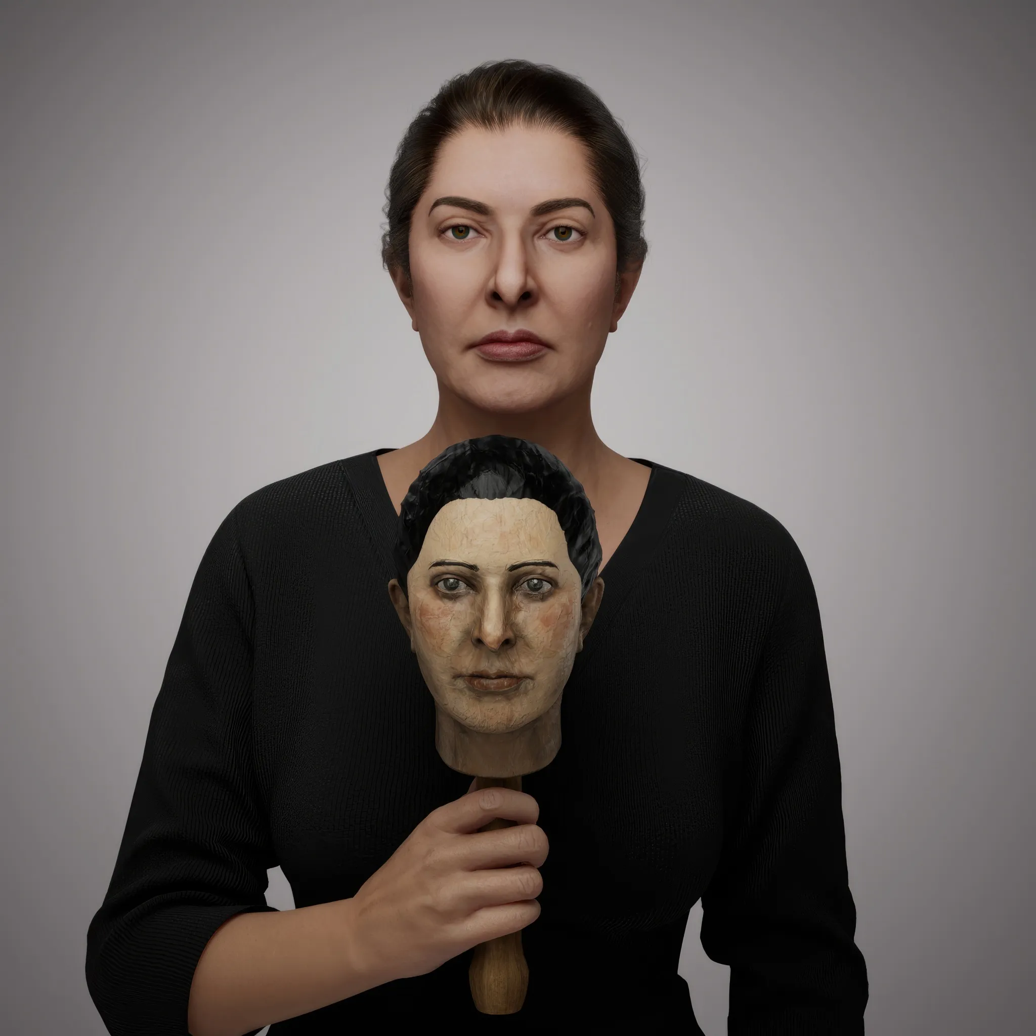 The Mini-me is a doll, a replica of Marina. This double invites exploration of the coexistence of multiple personalities within a single individual, reflecting the complex layers of identity. Another interpretation sees the doll as a preservation of one's inner child—a smaller, vulnerable version of oneself that seeks care, protection, and nurturing. It serves as a poignant reminder of the tender core that remains within us all. Uniquely personal, the doll is not just a copy but an idealised version of Marina Abramović. For this creation, Marina cut her hair to use in its making, infusing the piece with an intimate and deeply symbolic connection to her identity.