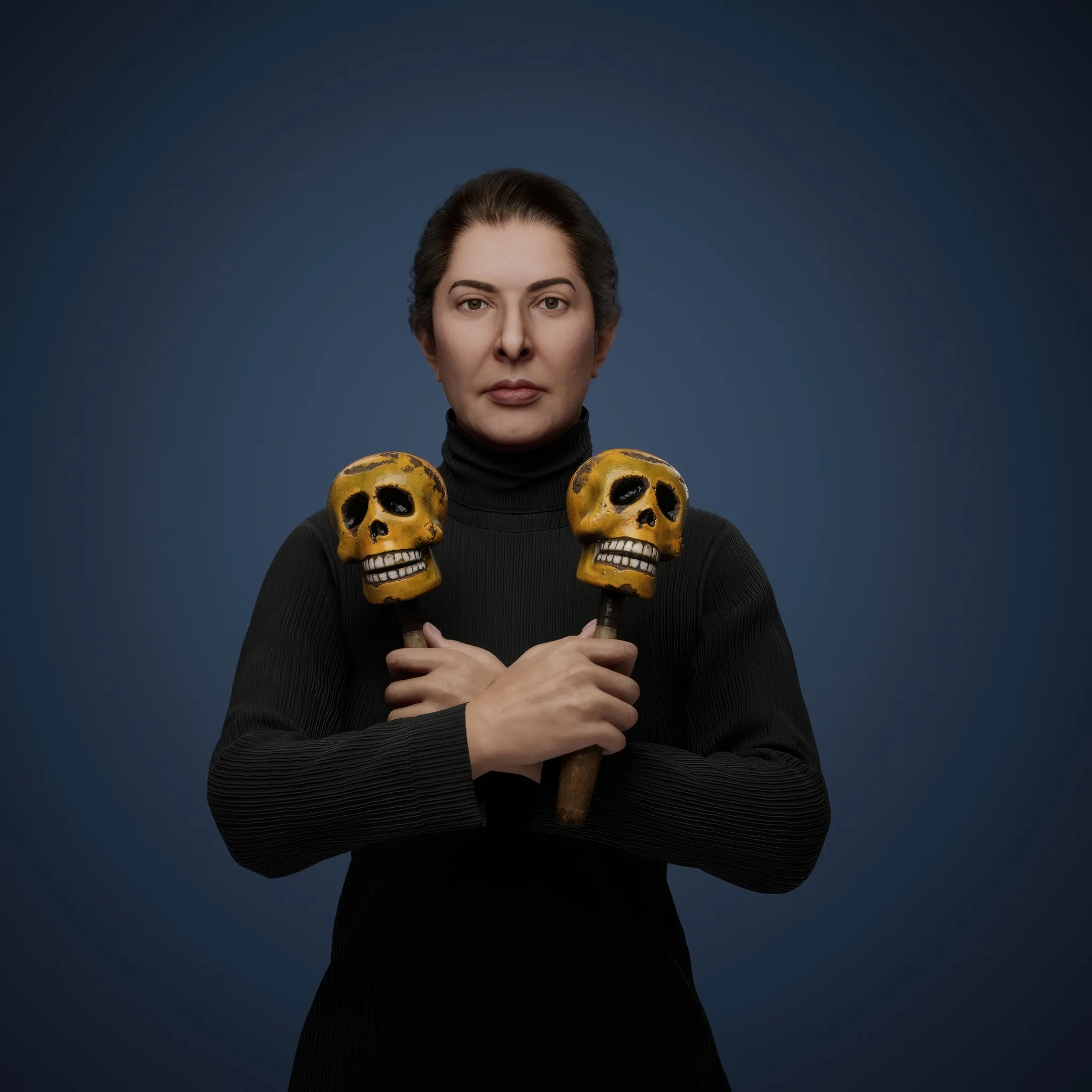The portrait with maracas pays homage to Mexican festivals honouring death, with the maracas serving as a symbolic tool of rhythm and sound. As with many of her works, the photograph is created using black-and-white silver gelatin printing, leaving the exact meaning of the maracas open to the viewer's interpretation. This piece weaves together themes of ritual, sound, and the artist's body as a medium for communication and endurance—central elements of Marina's performances. The maracas, emblematic of rhythm and ceremonial sounds, stand in striking contrast to the stillness of the photographic image. This tension invites exploration of the interplay between sound and silence, movement and stasis.