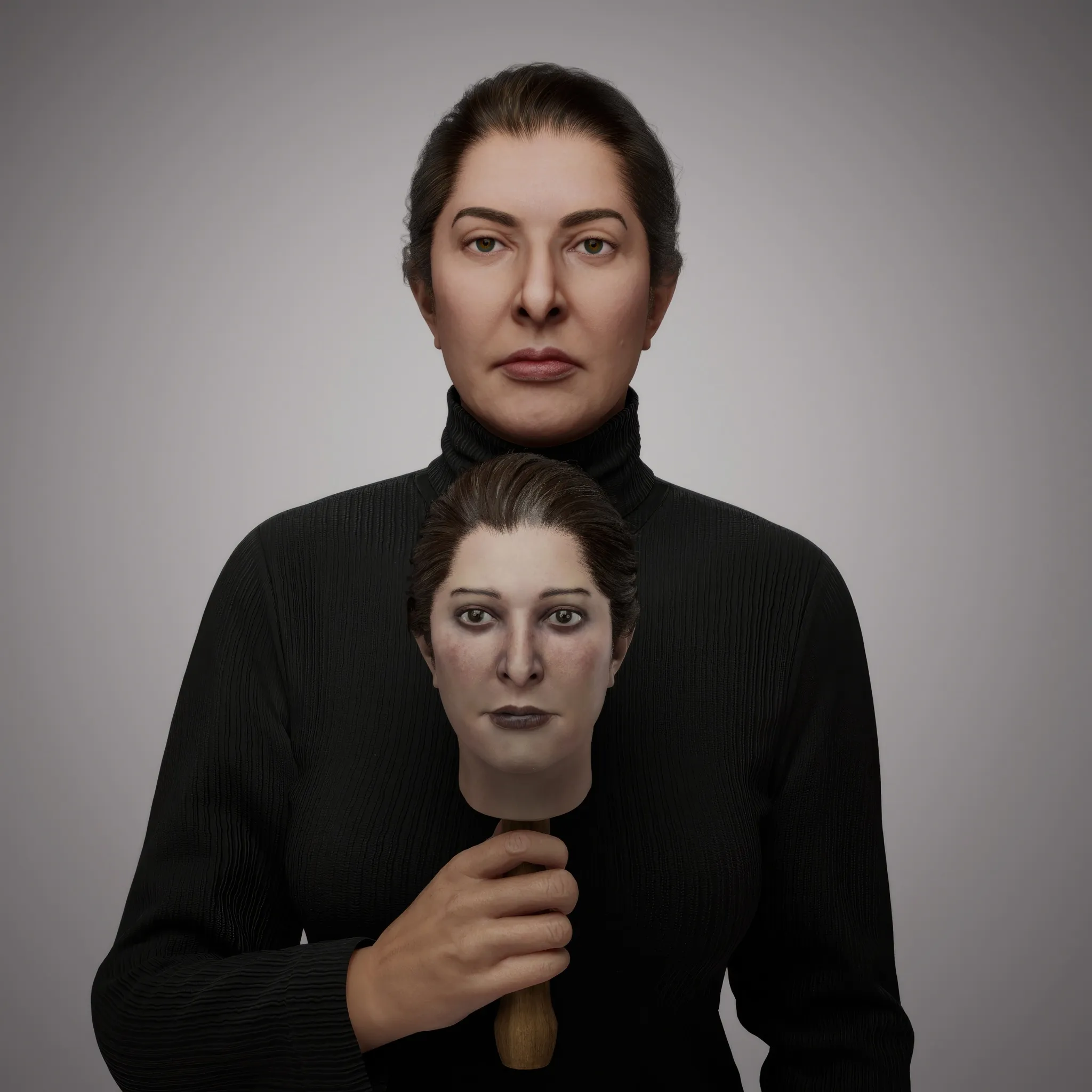 The Mini-me is a doll, a replica of Marina. This double invites exploration of the coexistence of multiple personalities within a single individual, reflecting the complex layers of identity. Another interpretation sees the doll as a preservation of one's inner child—a smaller, vulnerable version of oneself that seeks care, protection, and nurturing. It serves as a poignant reminder of the tender core that remains within us all. Uniquely personal, the doll is not just a copy but an idealised version of Marina Abramović. For this creation, Marina cut her hair to use in its making, infusing the piece with an intimate and deeply symbolic connection to her identity.