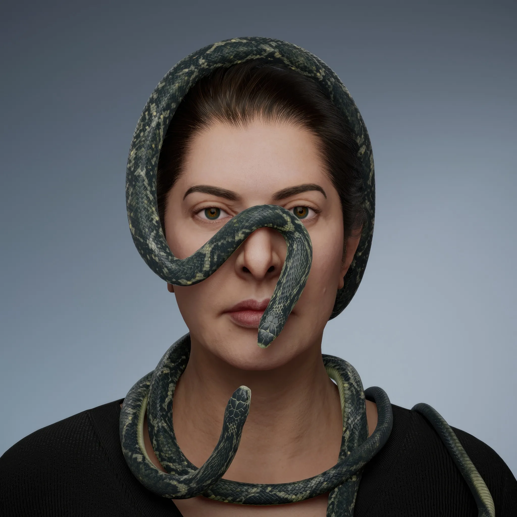 A portrait with snakes captures a profound inner dialogue—a confrontation with fear. As a child, Marina once walked through the woods with her grandmother and unknowingly picked up what she thought was a stick. It turned out to be a venomous snake, a creature that could have ended her life, but, instead, etched itself into her memory as a source of lingering fear. For Marina, art is a process where she brings her fears to life, confronting and transforming them. The snake, an ancient and powerful symbol, embodies duality and transformation. It is both protector and guide, carrying wisdom and the promise of healing. Through this potent symbol, the portrait weaves together vulnerability, strength, and the artist's journey of self-renewal.