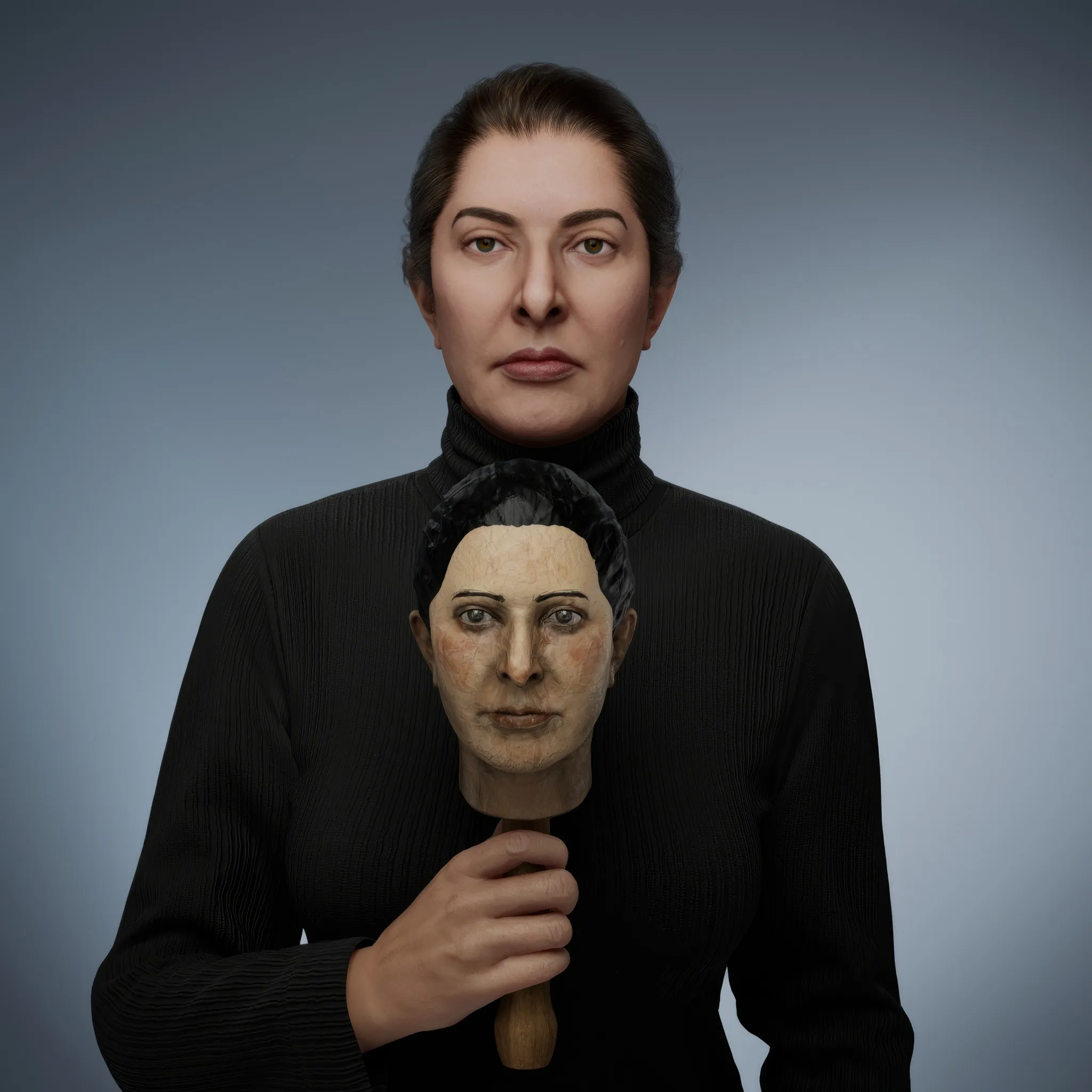 The Mini-me is a doll, a replica of Marina. This double invites exploration of the coexistence of multiple personalities within a single individual, reflecting the complex layers of identity. Another interpretation sees the doll as a preservation of one's inner child—a smaller, vulnerable version of oneself that seeks care, protection, and nurturing. It serves as a poignant reminder of the tender core that remains within us all. Uniquely personal, the doll is not just a copy but an idealised version of Marina Abramović. For this creation, Marina cut her hair to use in its making, infusing the piece with an intimate and deeply symbolic connection to her identity.