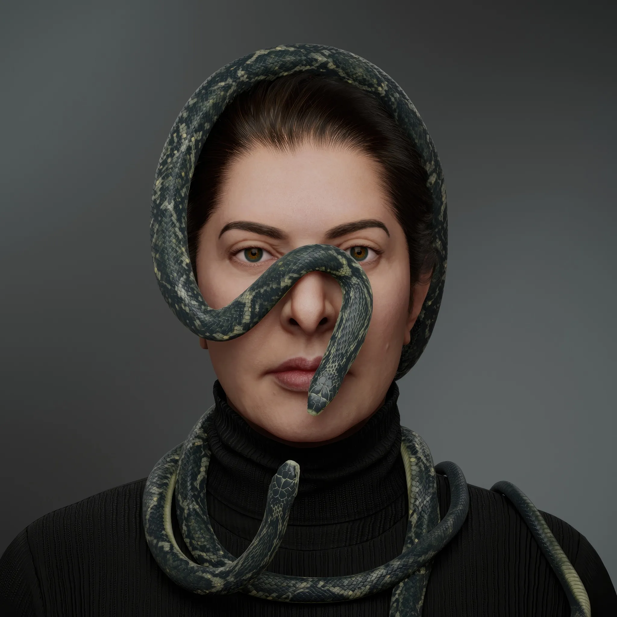 A portrait with snakes captures a profound inner dialogue—a confrontation with fear. As a child, Marina once walked through the woods with her grandmother and unknowingly picked up what she thought was a stick. It turned out to be a venomous snake, a creature that could have ended her life, but, instead, etched itself into her memory as a source of lingering fear. For Marina, art is a process where she brings her fears to life, confronting and transforming them. The snake, an ancient and powerful symbol, embodies duality and transformation. It is both protector and guide, carrying wisdom and the promise of healing. Through this potent symbol, the portrait weaves together vulnerability, strength, and the artist's journey of self-renewal.