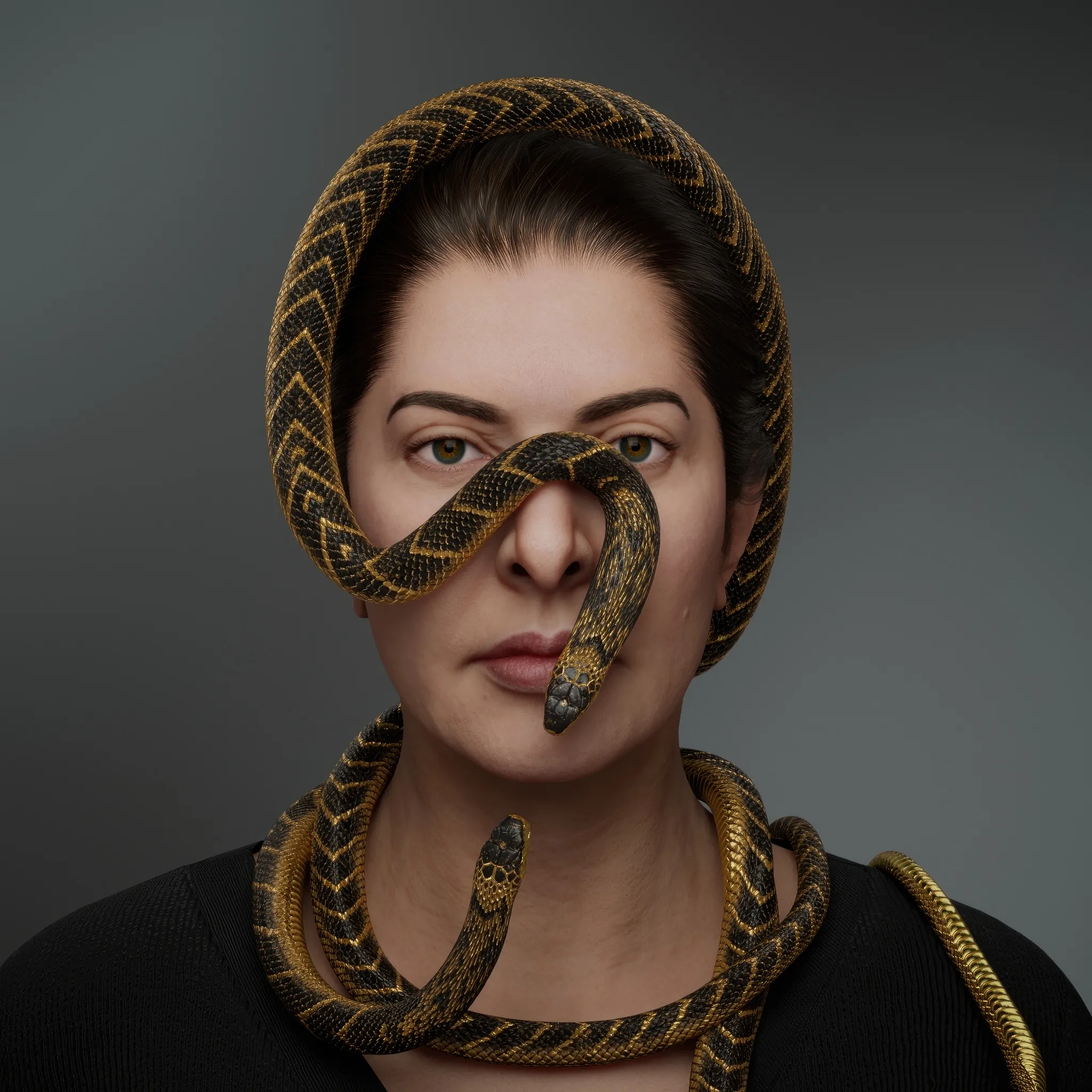 A portrait with snakes captures a profound inner dialogue—a confrontation with fear. As a child, Marina once walked through the woods with her grandmother and unknowingly picked up what she thought was a stick. It turned out to be a venomous snake, a creature that could have ended her life, but, instead, etched itself into her memory as a source of lingering fear. For Marina, art is a process where she brings her fears to life, confronting and transforming them. The snake, an ancient and powerful symbol, embodies duality and transformation. It is both protector and guide, carrying wisdom and the promise of healing. Through this potent symbol, the portrait weaves together vulnerability, strength, and the artist's journey of self-renewal.