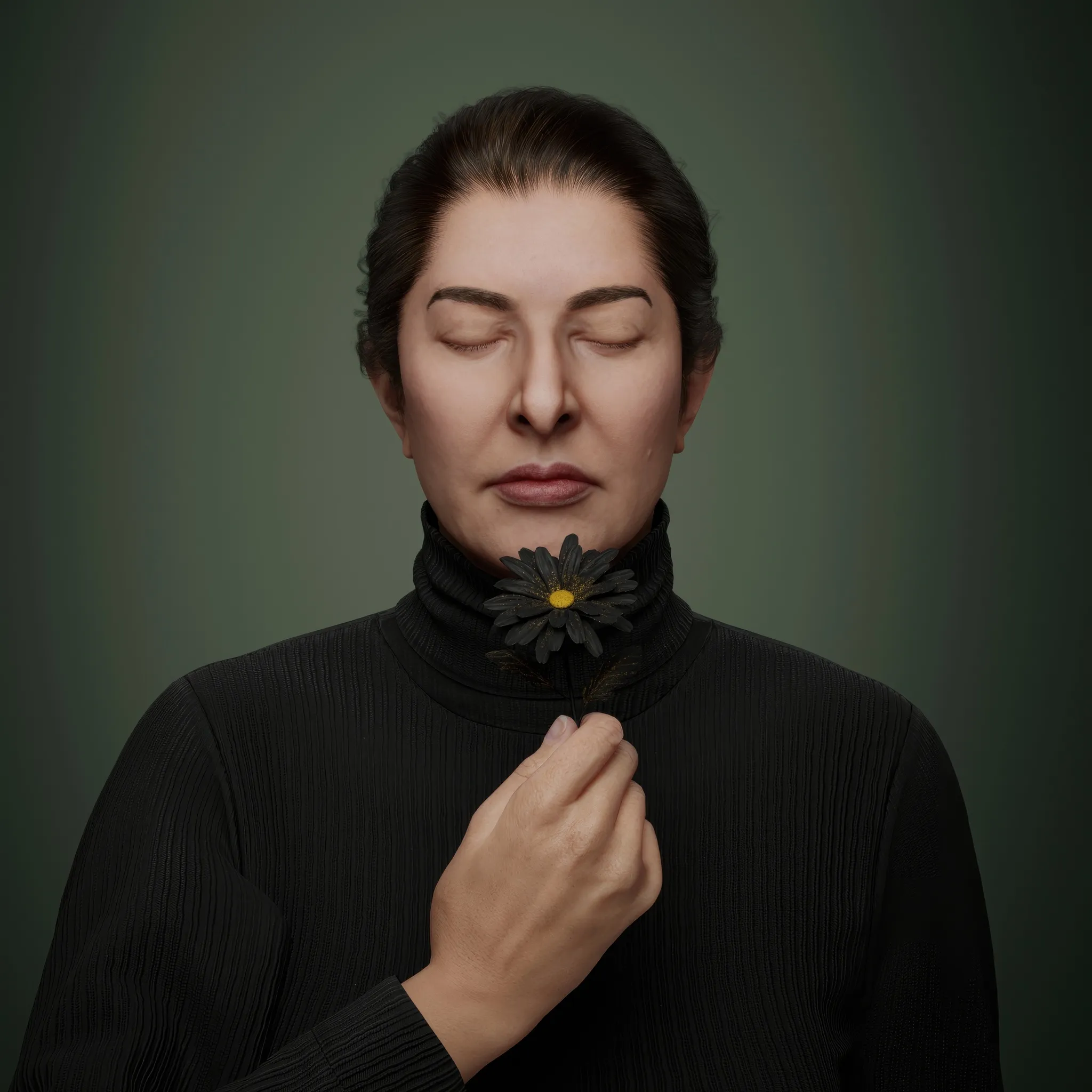 The camomile, a symbol of love, simplicity, and tenderness, carries profound meaning in the language of flowers, representing patience and energy. Its sweet aroma contrasts with its bitter taste, embodying the dualities of life. In this performance, Marina holds the camomile with unwavering stillness, embodying the tension between the sweetness of desire and the bitterness of life's trials. The meditative nature of the piece amplifies this contrast, with the only visible action being the quiet flow of tears down her serene face.