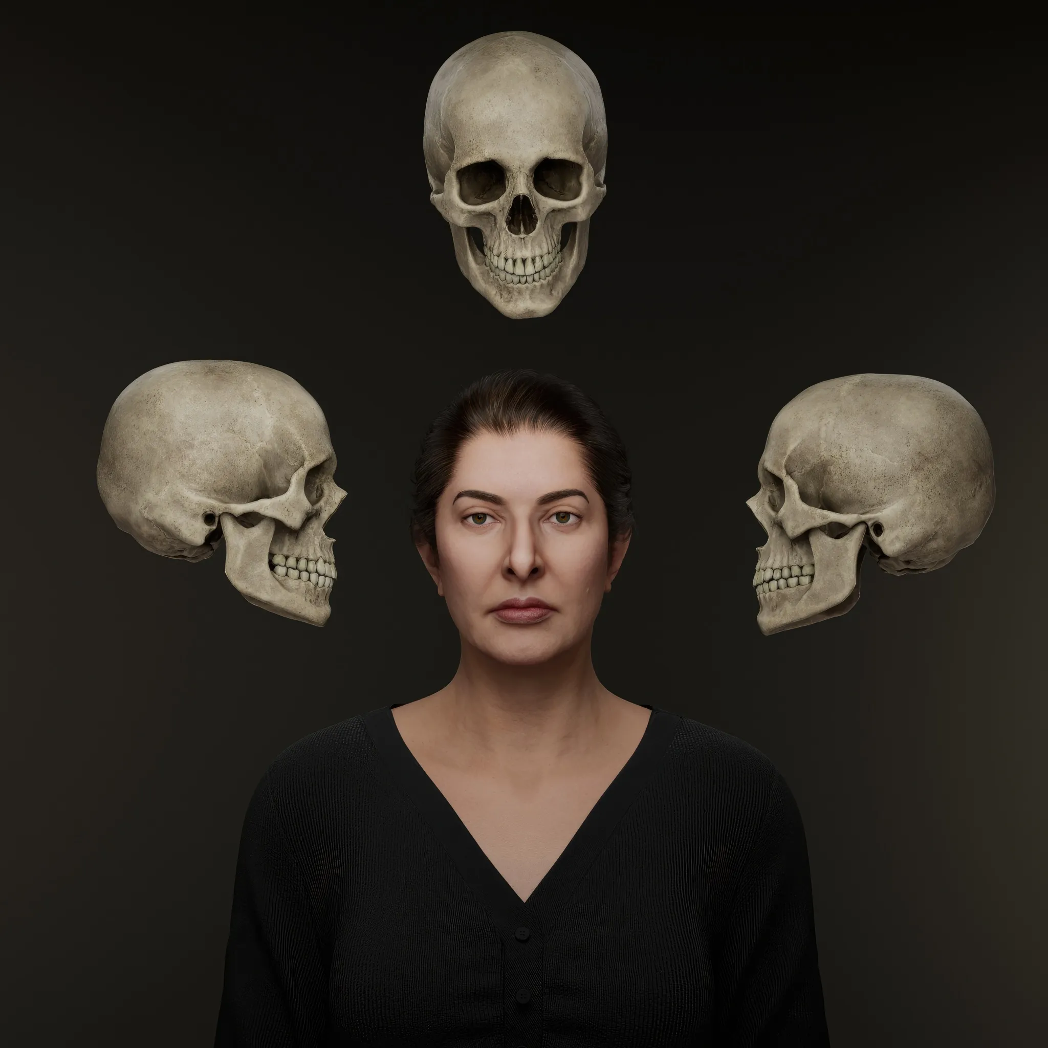 From the outset, Marina Abramović's practice has pushed the limits of experimental art, with actions that function as purification rituals in her quest for an absolute freedom. This work belongs to the broader series titled The Balkans and is deeply intertwined with her performance Nude with Skeleton. The piece draws inspiration from an ancient Tibetan tradition, where monks meditate on impermanence by sleeping in cemeteries alongside decaying corpses. In Self-Portrait with Skeleton, Abramović confronts the inevitability of her own death, using the skeletal form as both a companion and a mirror.