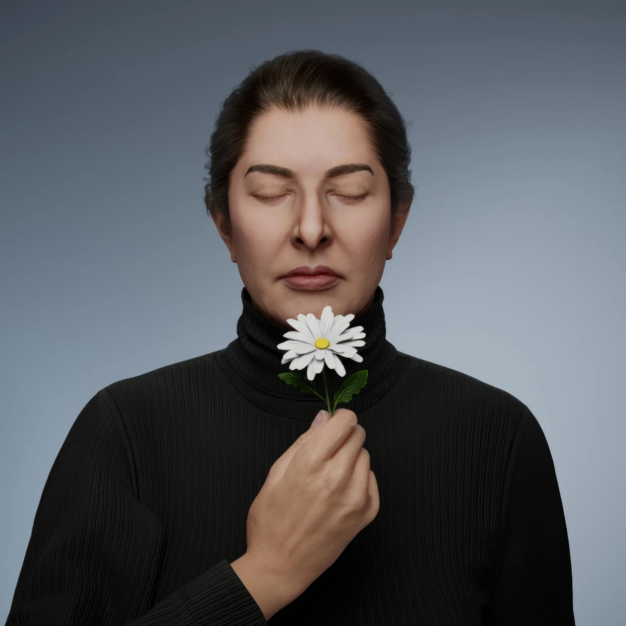 The camomile, a symbol of love, simplicity, and tenderness, carries profound meaning in the language of flowers, representing patience and energy. Its sweet aroma contrasts with its bitter taste, embodying the dualities of life. In this performance, Marina holds the camomile with unwavering stillness, embodying the tension between the sweetness of desire and the bitterness of life's trials. The meditative nature of the piece amplifies this contrast, with the only visible action being the quiet flow of tears down her serene face.