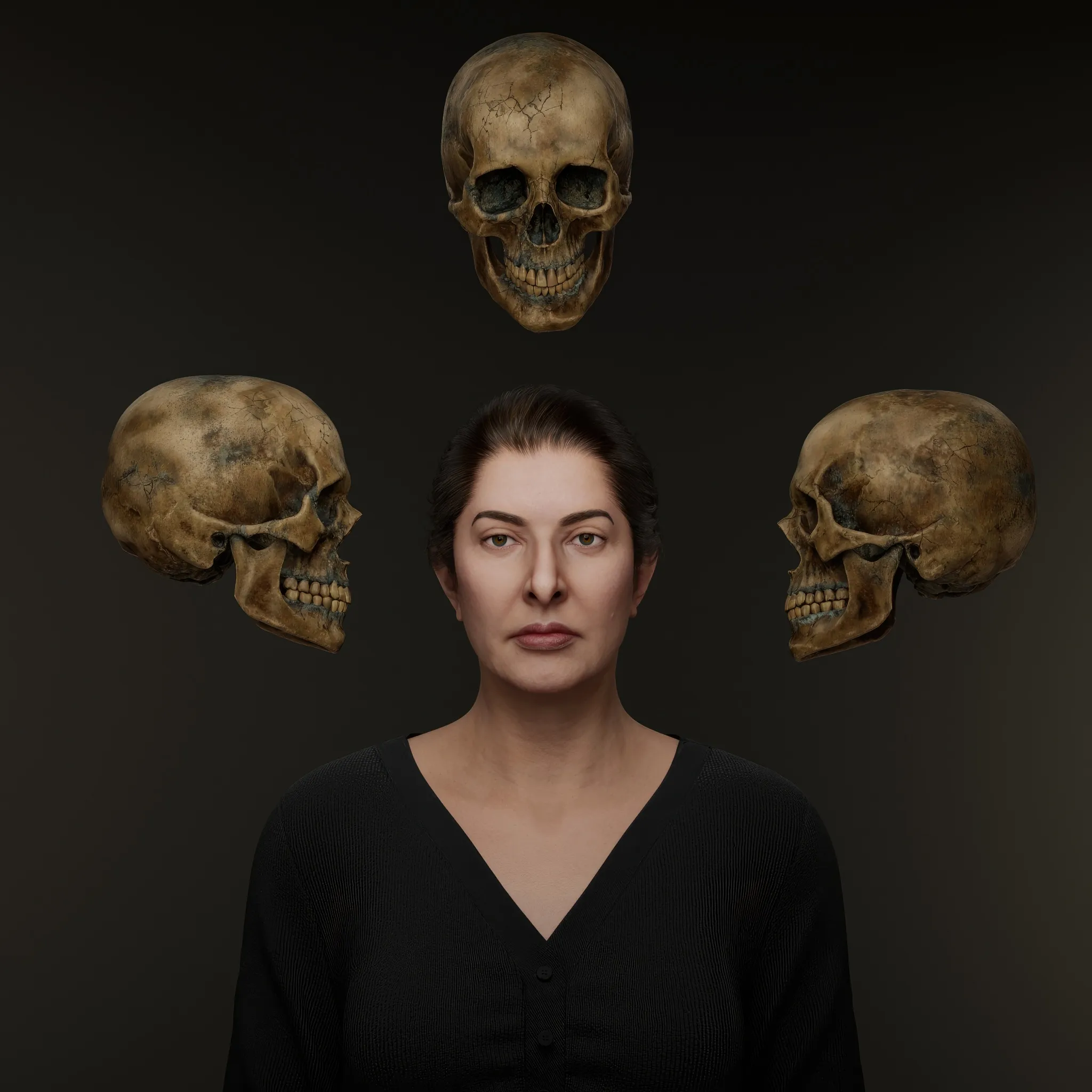 From the outset, Marina Abramović's practice has pushed the limits of experimental art, with actions that function as purification rituals in her quest for an absolute freedom. This work belongs to the broader series titled The Balkans and is deeply intertwined with her performance Nude with Skeleton. The piece draws inspiration from an ancient Tibetan tradition, where monks meditate on impermanence by sleeping in cemeteries alongside decaying corpses. In Self-Portrait with Skeleton, Abramović confronts the inevitability of her own death, using the skeletal form as both a companion and a mirror.