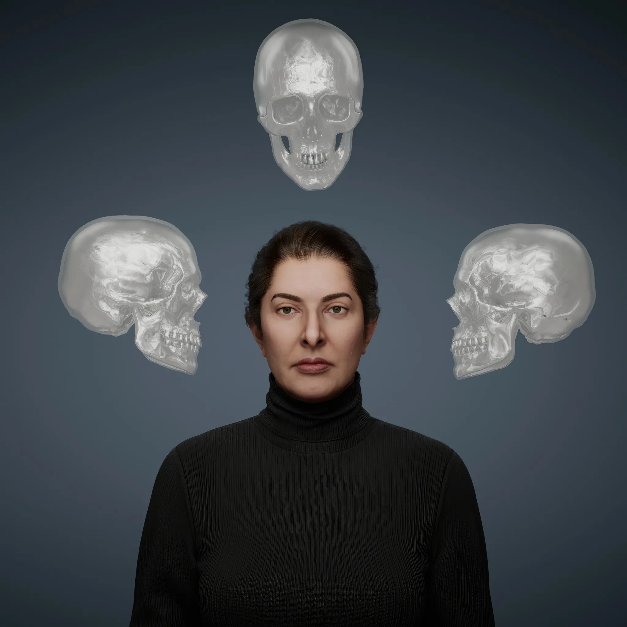 From the outset, Marina Abramović's practice has pushed the limits of experimental art, with actions that function as purification rituals in her quest for an absolute freedom. This work belongs to the broader series titled The Balkans and is deeply intertwined with her performance Nude with Skeleton. The piece draws inspiration from an ancient Tibetan tradition, where monks meditate on impermanence by sleeping in cemeteries alongside decaying corpses. In Self-Portrait with Skeleton, Abramović confronts the inevitability of her own death, using the skeletal form as both a companion and a mirror.