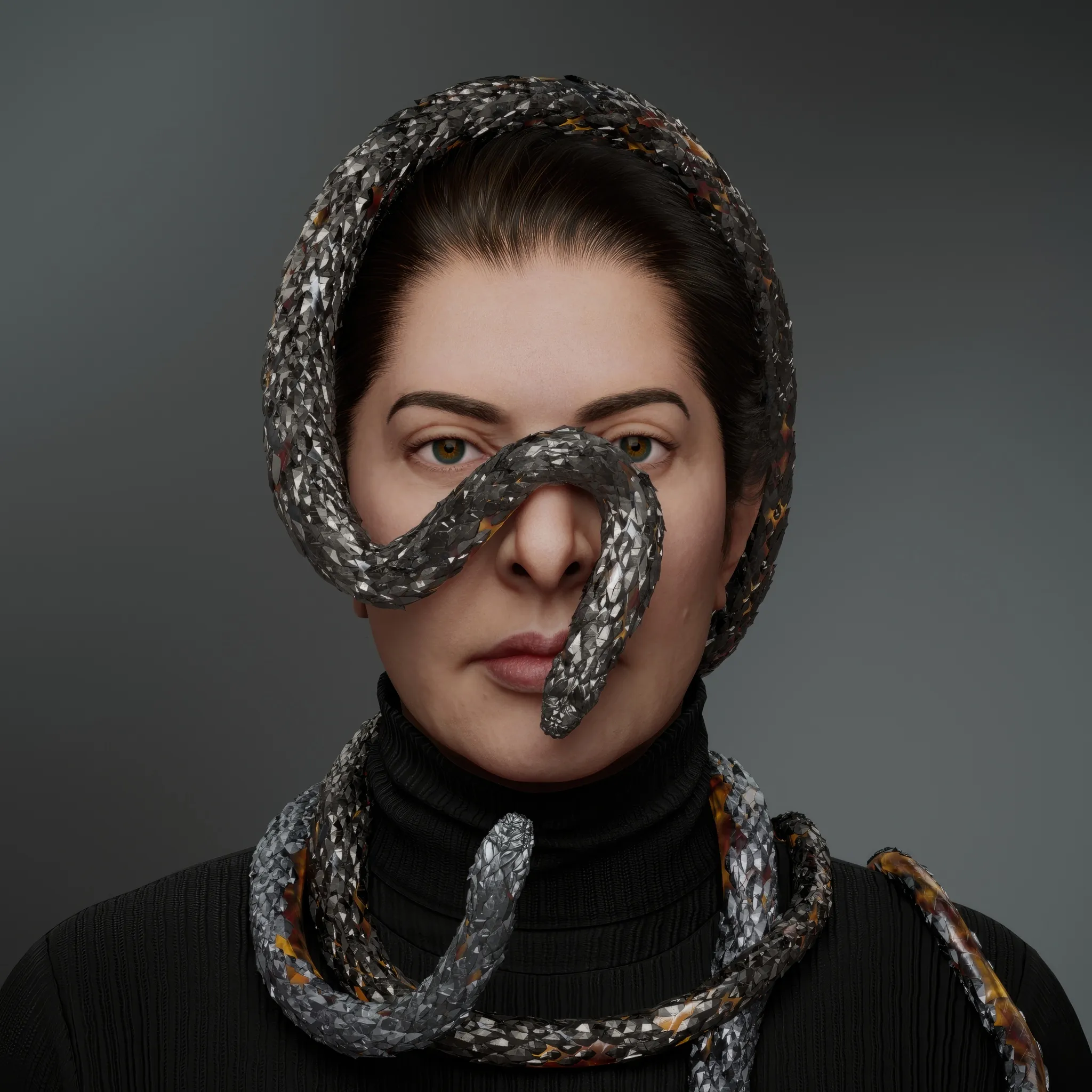 A portrait with snakes captures a profound inner dialogue—a confrontation with fear. As a child, Marina once walked through the woods with her grandmother and unknowingly picked up what she thought was a stick. It turned out to be a venomous snake, a creature that could have ended her life, but, instead, etched itself into her memory as a source of lingering fear. For Marina, art is a process where she brings her fears to life, confronting and transforming them. The snake, an ancient and powerful symbol, embodies duality and transformation. It is both protector and guide, carrying wisdom and the promise of healing. Through this potent symbol, the portrait weaves together vulnerability, strength, and the artist's journey of self-renewal.