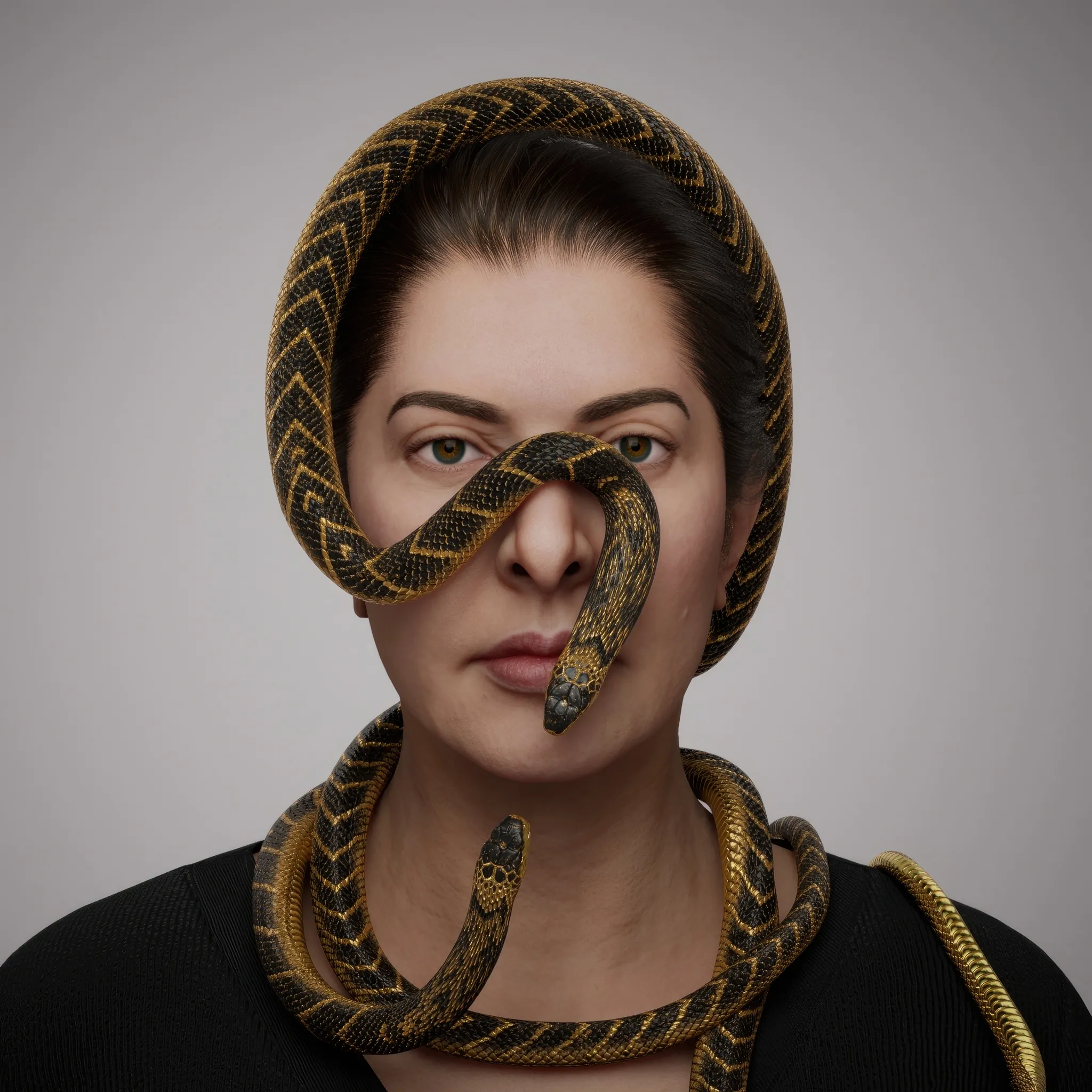 A portrait with snakes captures a profound inner dialogue—a confrontation with fear. As a child, Marina once walked through the woods with her grandmother and unknowingly picked up what she thought was a stick. It turned out to be a venomous snake, a creature that could have ended her life, but, instead, etched itself into her memory as a source of lingering fear. For Marina, art is a process where she brings her fears to life, confronting and transforming them. The snake, an ancient and powerful symbol, embodies duality and transformation. It is both protector and guide, carrying wisdom and the promise of healing. Through this potent symbol, the portrait weaves together vulnerability, strength, and the artist's journey of self-renewal.
