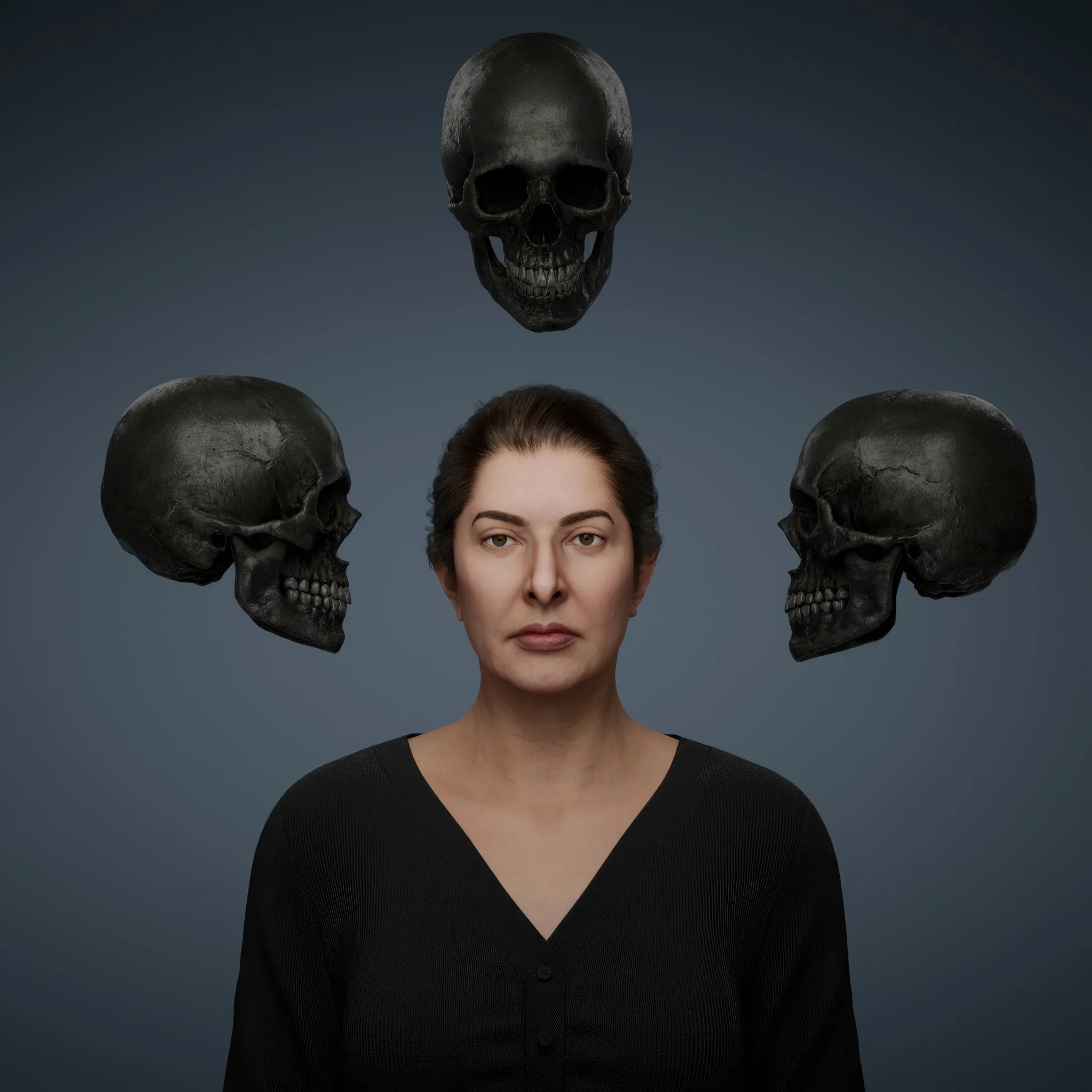 From the outset, Marina Abramović's practice has pushed the limits of experimental art, with actions that function as purification rituals in her quest for an absolute freedom. This work belongs to the broader series titled The Balkans and is deeply intertwined with her performance Nude with Skeleton. The piece draws inspiration from an ancient Tibetan tradition, where monks meditate on impermanence by sleeping in cemeteries alongside decaying corpses. In Self-Portrait with Skeleton, Abramović confronts the inevitability of her own death, using the skeletal form as both a companion and a mirror.