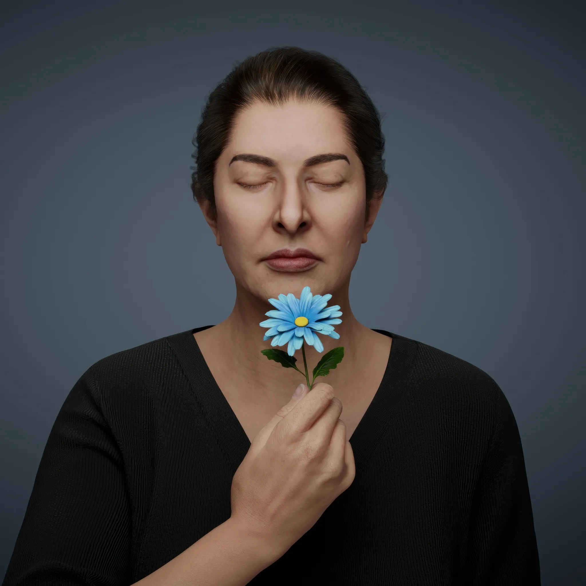 The camomile, a symbol of love, simplicity, and tenderness, carries profound meaning in the language of flowers, representing patience and energy. Its sweet aroma contrasts with its bitter taste, embodying the dualities of life. In this performance, Marina holds the camomile with unwavering stillness, embodying the tension between the sweetness of desire and the bitterness of life's trials. The meditative nature of the piece amplifies this contrast, with the only visible action being the quiet flow of tears down her serene face.