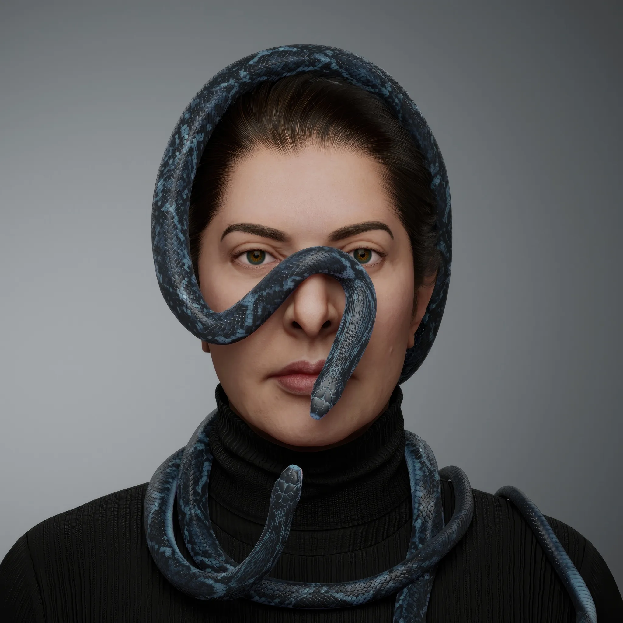 A portrait with snakes captures a profound inner dialogue—a confrontation with fear. As a child, Marina once walked through the woods with her grandmother and unknowingly picked up what she thought was a stick. It turned out to be a venomous snake, a creature that could have ended her life, but, instead, etched itself into her memory as a source of lingering fear. For Marina, art is a process where she brings her fears to life, confronting and transforming them. The snake, an ancient and powerful symbol, embodies duality and transformation. It is both protector and guide, carrying wisdom and the promise of healing. Through this potent symbol, the portrait weaves together vulnerability, strength, and the artist's journey of self-renewal.