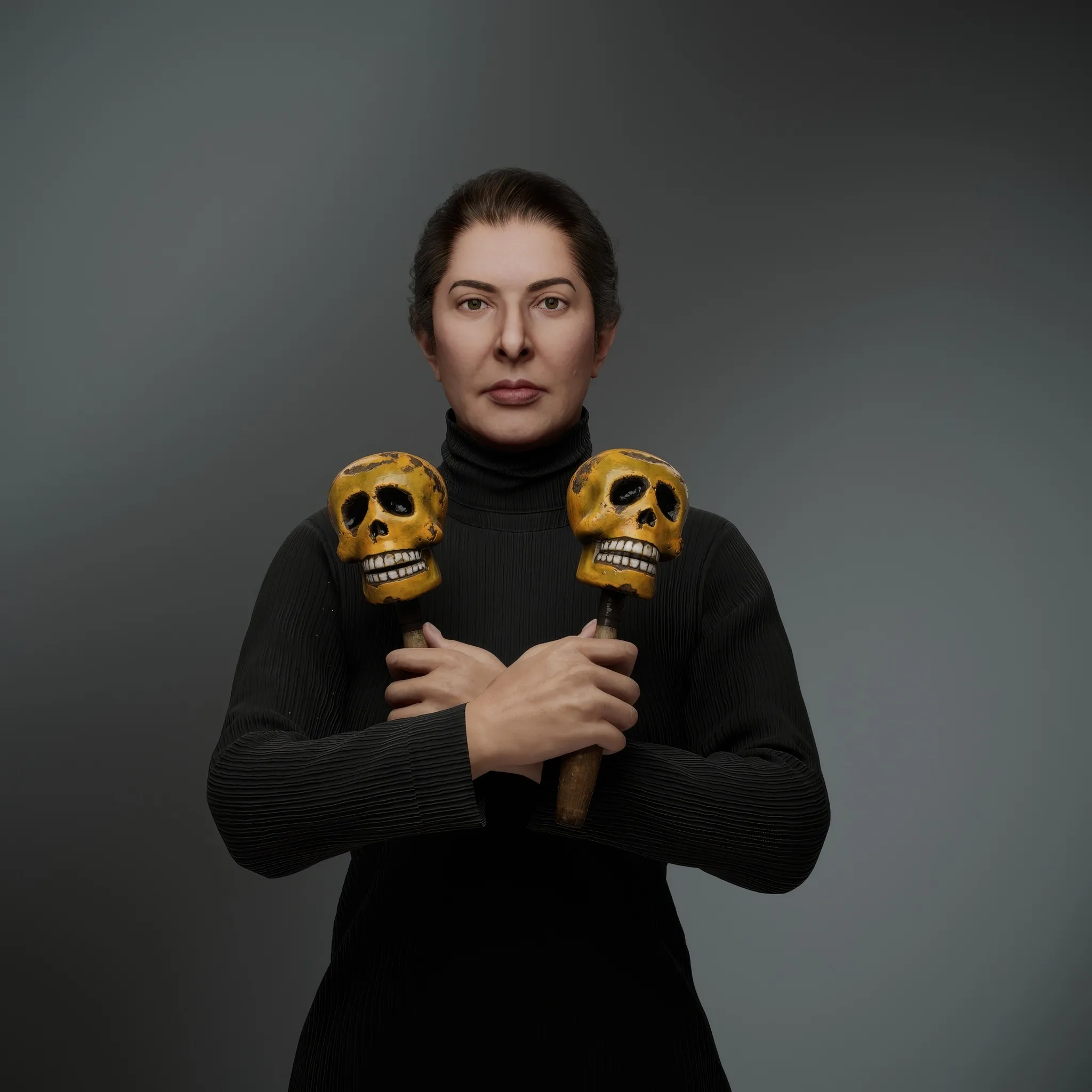 The portrait with maracas pays homage to Mexican festivals honouring death, with the maracas serving as a symbolic tool of rhythm and sound. As with many of her works, the photograph is created using black-and-white silver gelatin printing, leaving the exact meaning of the maracas open to the viewer's interpretation. This piece weaves together themes of ritual, sound, and the artist's body as a medium for communication and endurance—central elements of Marina's performances. The maracas, emblematic of rhythm and ceremonial sounds, stand in striking contrast to the stillness of the photographic image. This tension invites exploration of the interplay between sound and silence, movement and stasis.