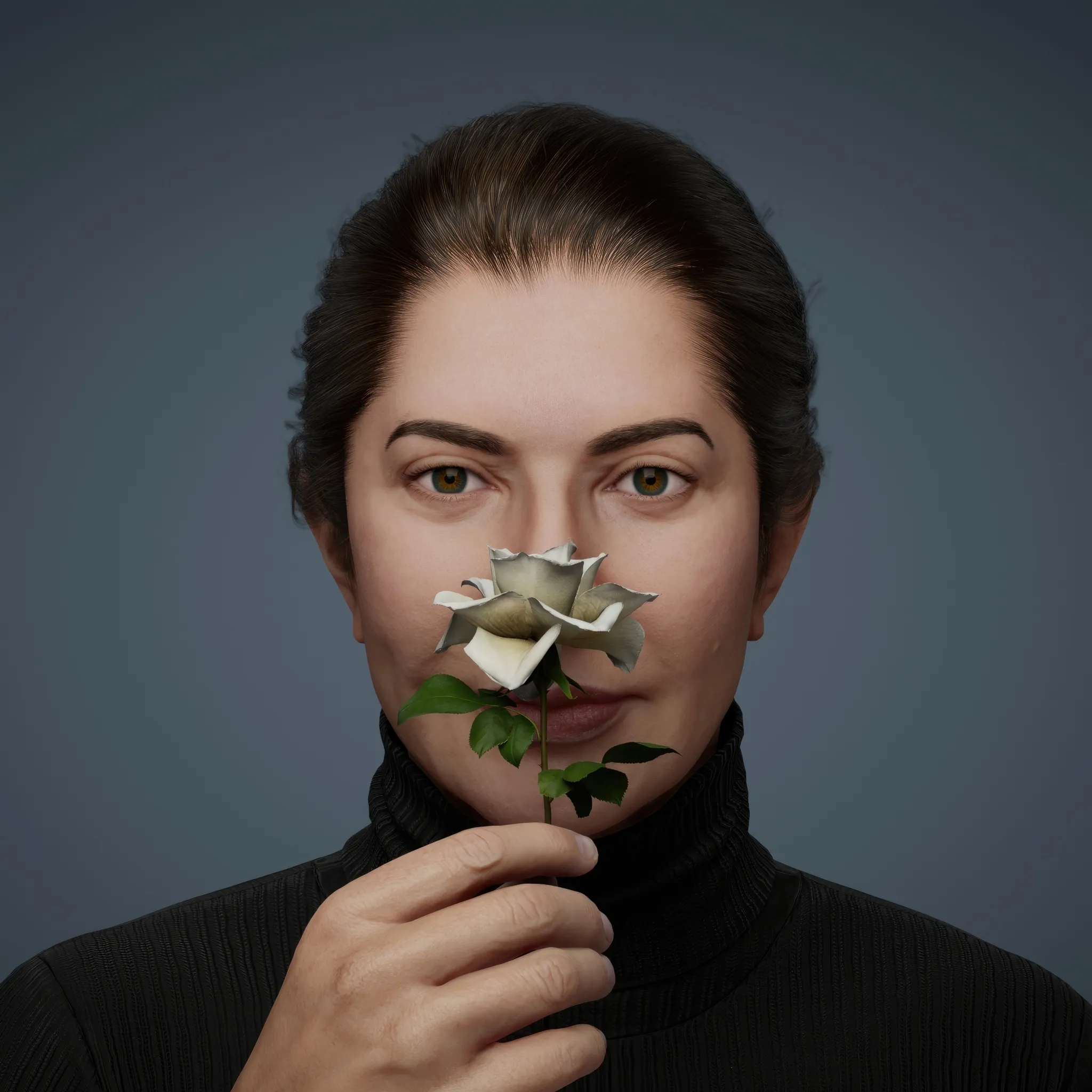 A rose is a profoundly contradictory symbol, embodying a spectrum of meanings. It has been associated with purity, virginity, life, and tranquillity, yet equally with passion, desire, sorrow, and mourning. In this performance, Marina gazes with a sly squint and a subtle smile, adding an air of playful intrigue. The rose, a central element of the piece, undergoes a mesmerising transformation: it blooms, unveiling its delicate bud, only to close again. This cyclical motion captures the transient beauty of life and the perpetual interplay between revelation and concealment.