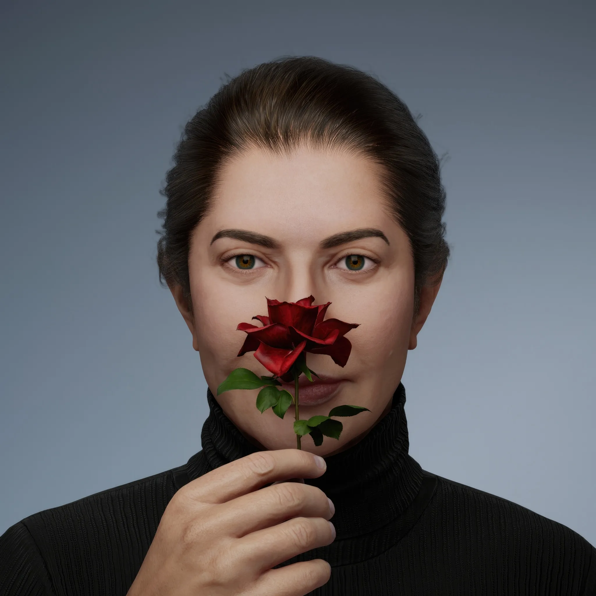A rose is a profoundly contradictory symbol, embodying a spectrum of meanings. It has been associated with purity, virginity, life, and tranquillity, yet equally with passion, desire, sorrow, and mourning. In this performance, Marina gazes with a sly squint and a subtle smile, adding an air of playful intrigue. The rose, a central element of the piece, undergoes a mesmerising transformation: it blooms, unveiling its delicate bud, only to close again. This cyclical motion captures the transient beauty of life and the perpetual interplay between revelation and concealment.