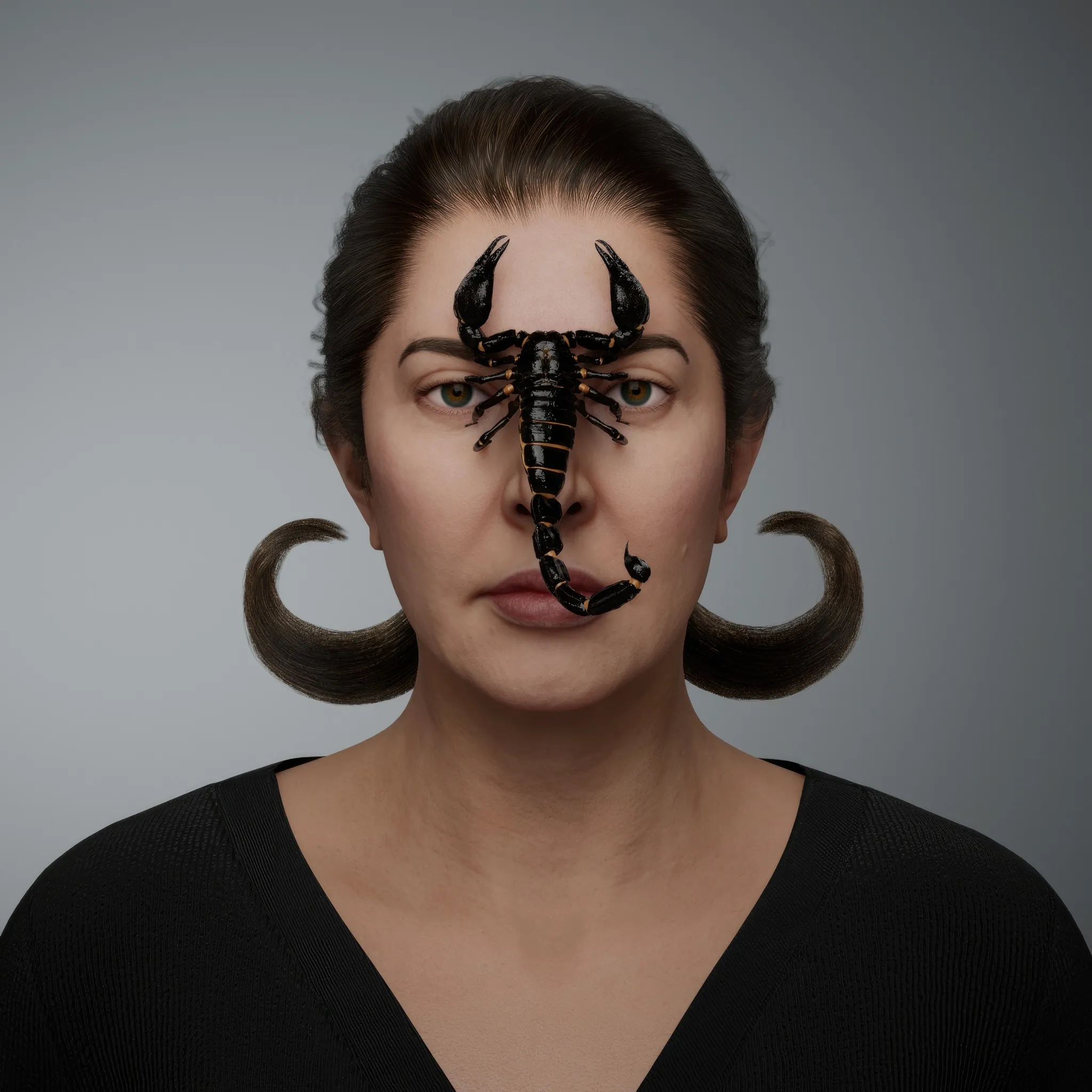This evocative self-portrait featuring a scorpion is an homage to Frida Kahlo. In 1938, Kahlo painted Self-Portrait with Monkey, where the monkey—symbolising desire in Mexican mythology—sits tenderly beside her, embraced in a gesture of quiet protection. Abramović, however, replaced the monkey's gentle presence with the scorpion's lethal intensity, a creature embodying danger and resilience. This stark contrast reflects Marina Abramović's artistic ethos, delving into the tension of extremes and the confrontation of fear that defines much of her performative work.